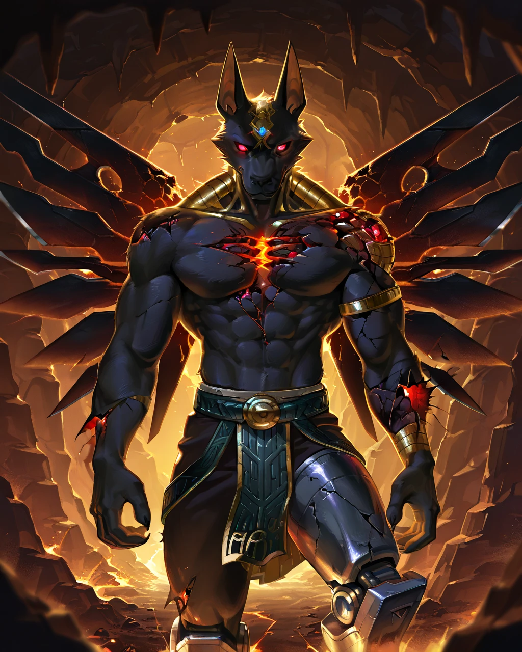 Best Quality, masterpiece, Ultra High Resolution, Detailed Background, (furry male), (Nasus), 3 heads, horns, metalic body, demonic, underground cave scenery, red glowing eyes, two pair of eyes, Anubis, muscle, (cracked abs:1.2, cracked arms:1.2), cracked chest, solo, male, infernal runes, with black fur, steel ribs, mechanical body, armored legs, metal claws, 4 robotic wings, perfect proportion, good anatomy, perfect anatomy