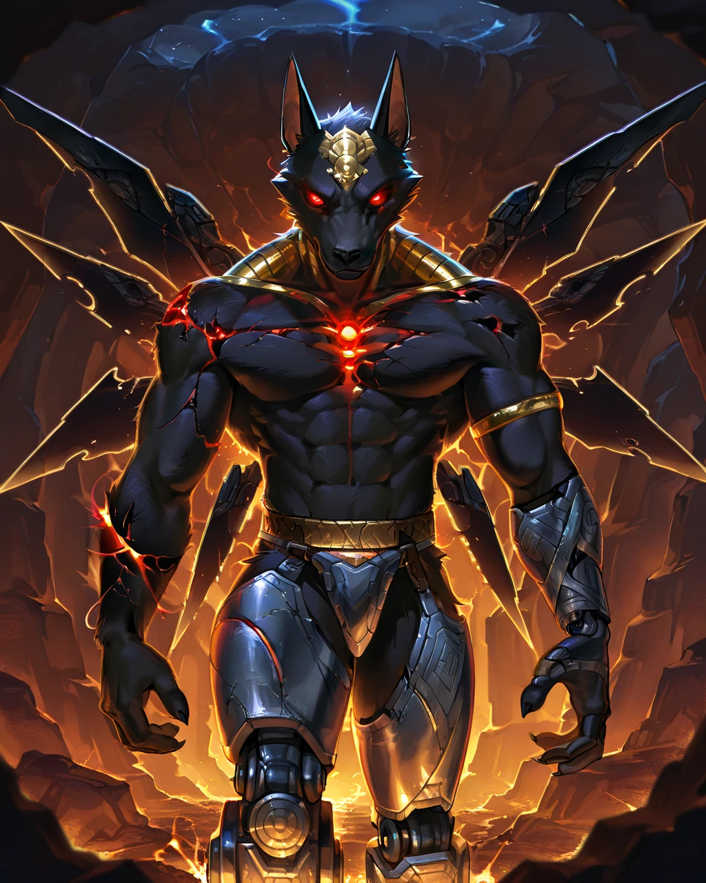 Best Quality, masterpiece, Ultra High Resolution, Detailed Background, (furry male), (Nasus), 3 heads, horns, metalic body, demonic, underground cave scenery, red glowing eyes, two pair of eyes, Anubis, muscle, (cracked abs:1.2, cracked arms:1.2), cracked chest, solo, male, infernal runes, with black fur, steel ribs, mechanical body, armored legs, metal claws, 4 robotic wings, perfect proportion, good anatomy, perfect anatomy