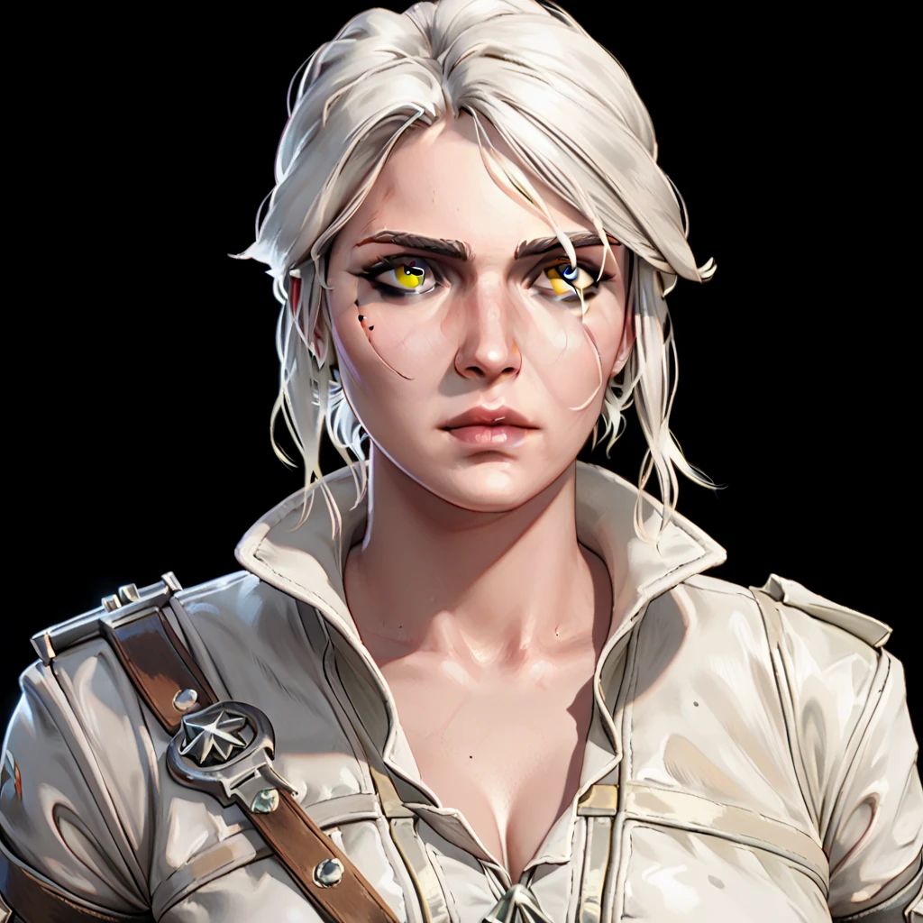 one woman, ciri, (green eyes:1.2), white hair, (upper body:1.3), (black background, clear background:1.5), (white military jacket:1.2), (studio lights, deep shadows:1.3), (big chest:1.2)