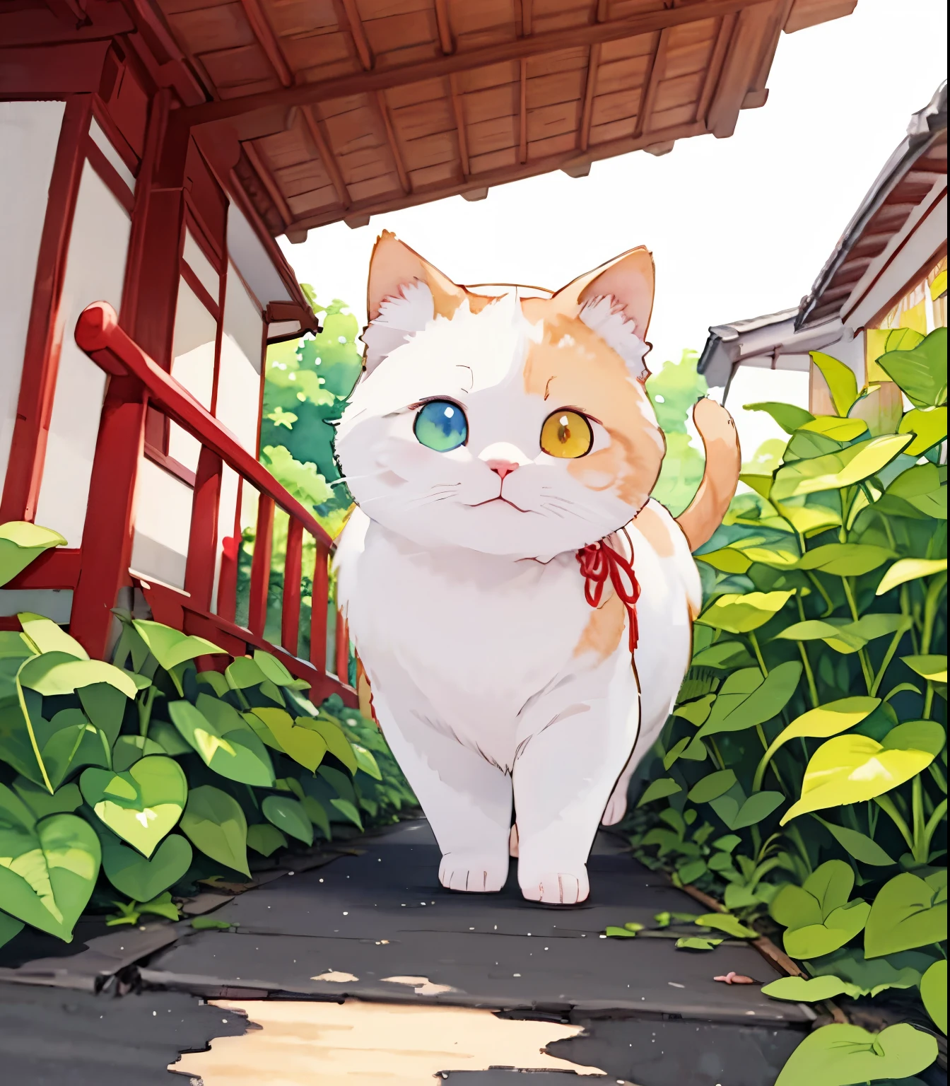 (Masterpiece),(  top quality ),(   very detailed),( As below ),((  line art  )),((watercolor)),16k,   wallpaper,三毛猫の   very detailedな絵、Crazy Details   、   very detailed猫、  My house and my calico cat are strolling along the boardwalk  、   a Calico Munchkin cat 、Old Town in Japan、A plant walking on the promenade    、tree々 sunlight 、Another World、The creation of silence、  long hit  、  the target is a small walking path  、