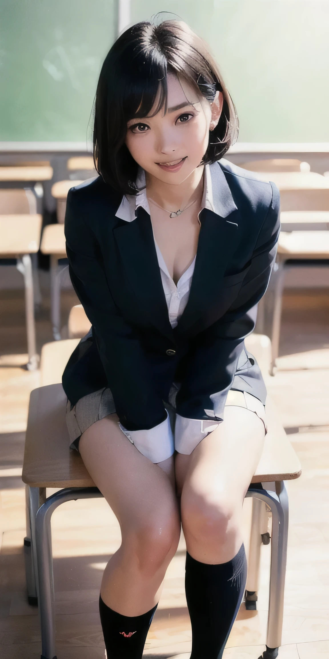 ((8k, RAW photos, top quality, masterpieces), high-definition RAW color photos professional close-up photos, (realistic, photorealism: 1.37), (highest quality), (best shadows), (best illustrations), collarbones ((big)), ((erotic, sexy, ultra high resolution, high-definition CG unified 8K wallpapers, physically based rendering, movie lighting), (aegyo sal:1), 18 year old girl, (grey blazer, ribbon, socks, high school uniform: 1.2), high school classroom, beautiful detail eyes, light on the face, ((full body shot: 1.2)), especially strong light, (upper eyes, grinning smile:1.2),shiny skin, (((black hair, bob hair:1.2))), ( thick thighs), ulzzang-6500-v1.1:0.2, shy, (flash:1.2), NSFW , (puffy), ((seductive posture: 1.2, attractive: 1.2)), (idle), (sitting at a desk in classroom: 1.2)), ((good anatomy: 1.2)), ((bright and refreshing classroom, background blurred: 1.2)), perfect face, cute face, (high angle shot:1.2)