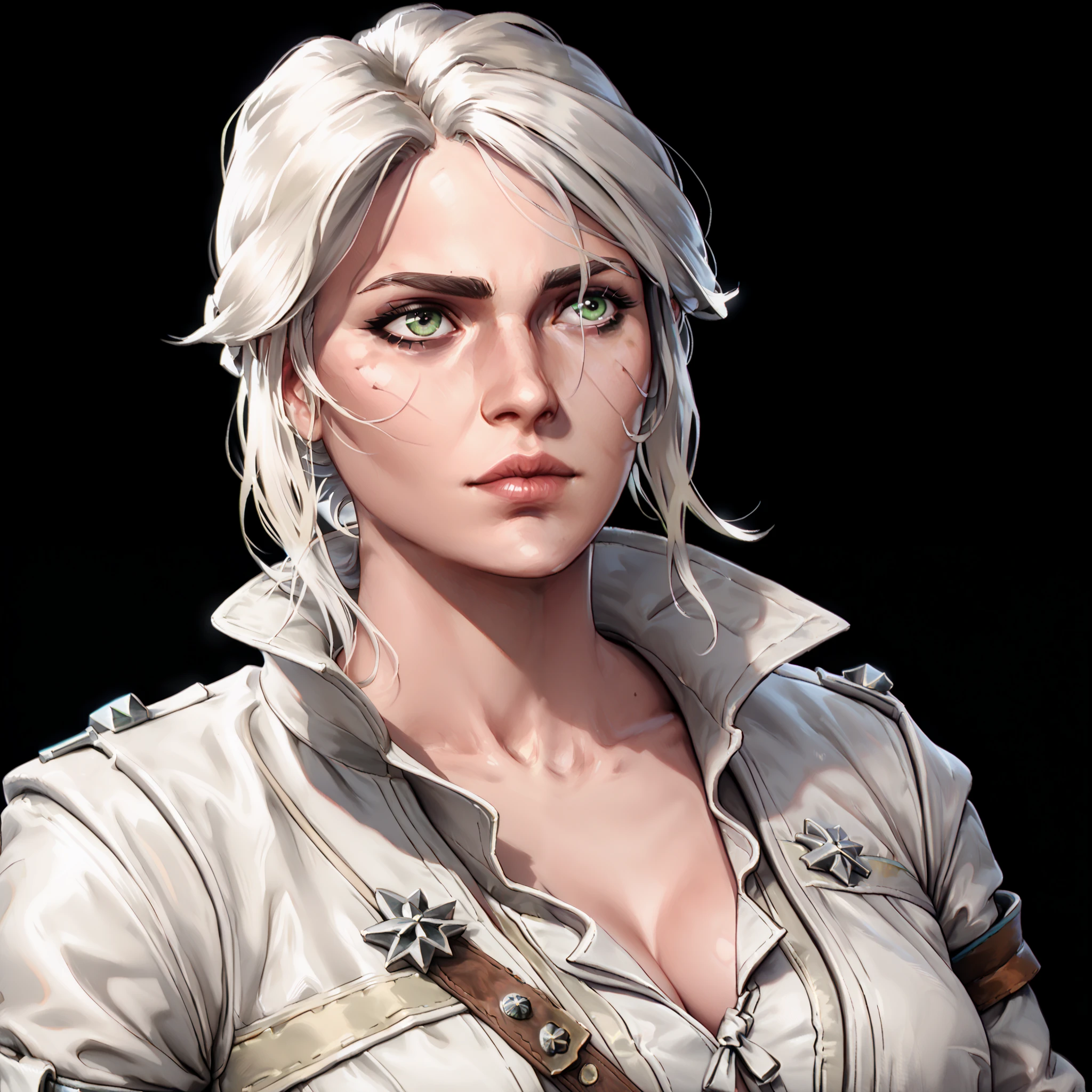 one woman, ciri, (green eyes:1.2), white hair, (upper body:1.3), (black background, clear background:1.5), (white military jacket:1.2), (studio lights, deep shadows:1.3), (big chest:1.2)