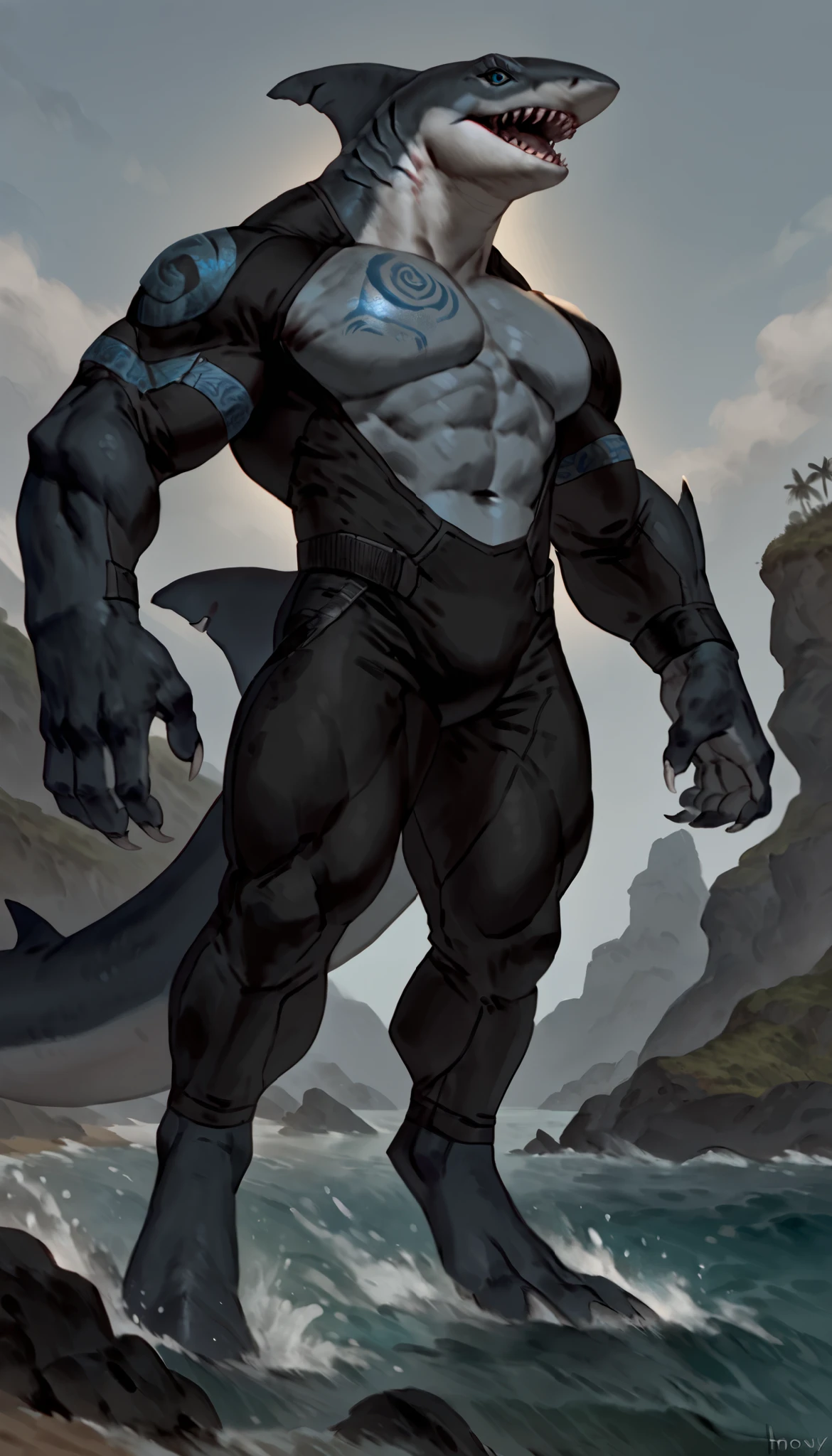 sharkman, anthro megalodon, hunk, black and blue hands and fins, black back, solo, big arms, bara, detailed smooth skin, lizard shark hybrid, anthro, closed mouth, predatory grin, detailed scales, muscular, thick legs, proporcional body, wide chest, trapezoid body type, marked jaw, thick shark tail, armless bodysuit, best quality, 4k, ultra-detailed, by Buta99, by honovy, detailed illustration of 4K horror, island beach scenery, wearing pants, tribal shark tattoos on the body, standing near water