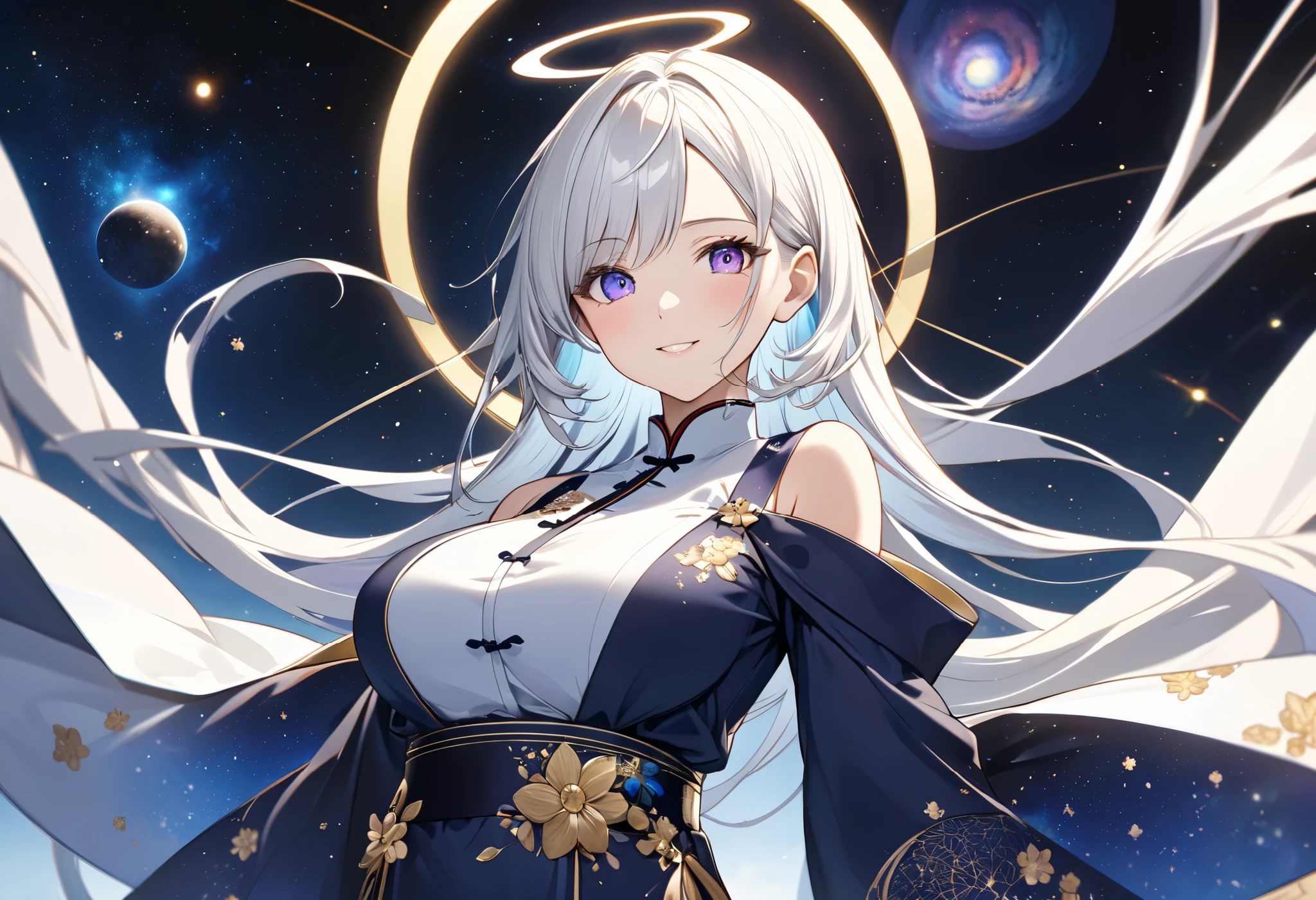 Fresh illustration,
Ultra-fine drawing,
Top quality,
Very delicate illustration,
Very fine details,
Beautiful charming anime woman,
Enchanting anime girl,
Super detailed,
Beautiful and sophisticated,
Illustration of a girl,
Full body,
Height 158cm,
Fair skin,
Right eye blue, left eye purple, complete heterochromia,
Large black pupil,
Beautiful eyes,
Super long hair,
Shiny hair,
Blue roots, white hair elsewhere,
Hair with gradient,
Protruding forehead,
Pretty and cute face,
Rich cheeks,
Small shiny halo floating on the back of the head,
Lowered eyebrows,
Smiling,
Upper body in kimono,
Overall white clothes,
Lower body in cheongsam,
Black obi,
Tasteful embroidery with gold thread,
Clothes with high-quality texture,
Narrow, sloping shoulders,
mega breasts,
isometric,
golden ratio,
divine atmosphere,
wearing an indigo-colored stand-up collared inner,
outer space,
multiple galaxies,
countless small stars,
tactical use of shadows,
hair and halo on head do not extend beyond the frame,
clothes do not extend beyond the frame,
bust shot,
