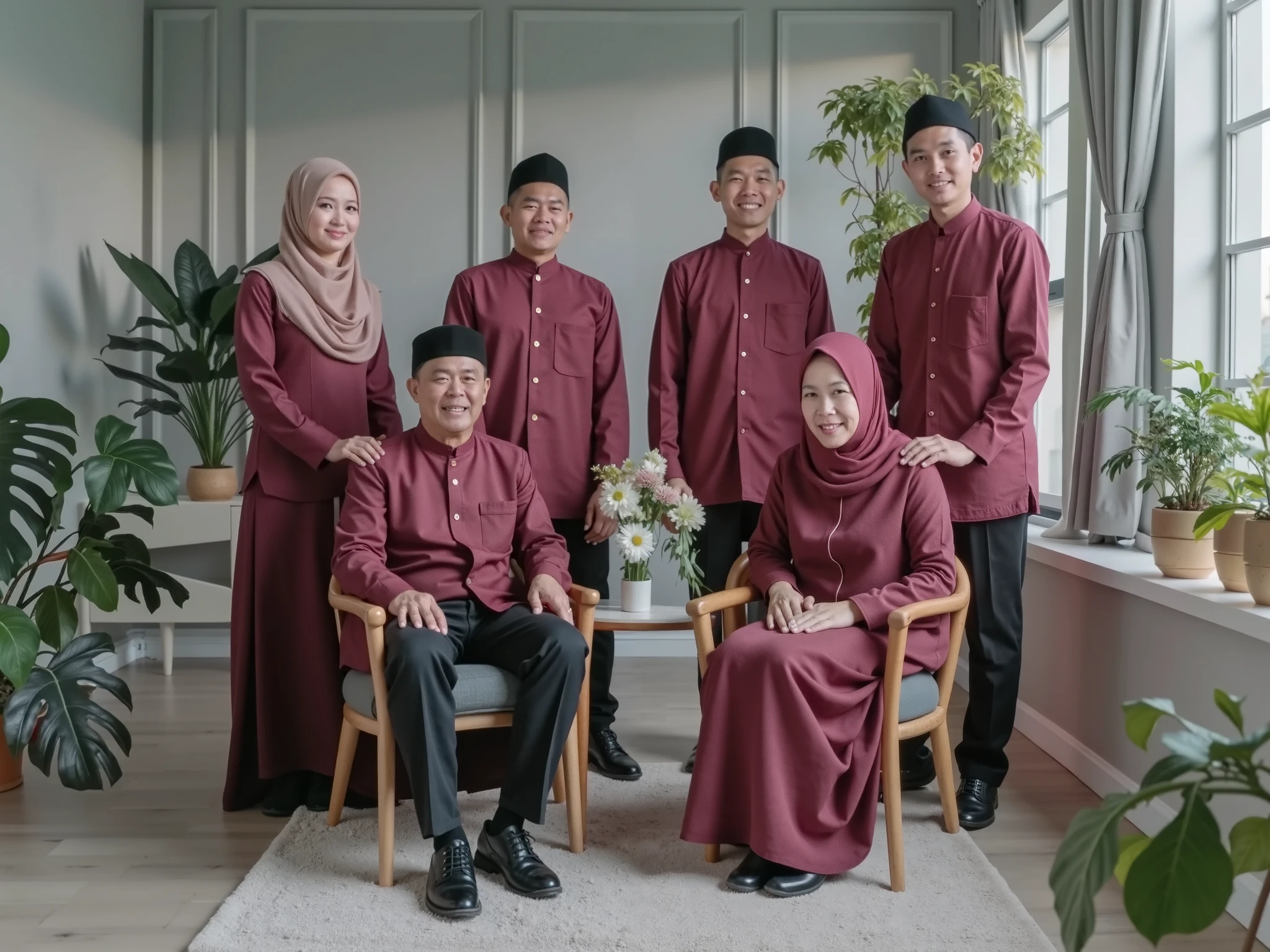 photo of an Indonesian family, 8 members, grandfather and grandmother aged 57 years, sitting on the sofa, holding one daughter aged 4 years and one boy aged 14 years standing in front, three adult men and 1 adult woman standing behind. They wore maroon Muslim clothes together and luxurious sharia robes in matching colors. realistic photo, day lighting, green flower vase, best photography results, white minimalist living room, UHD, 32k