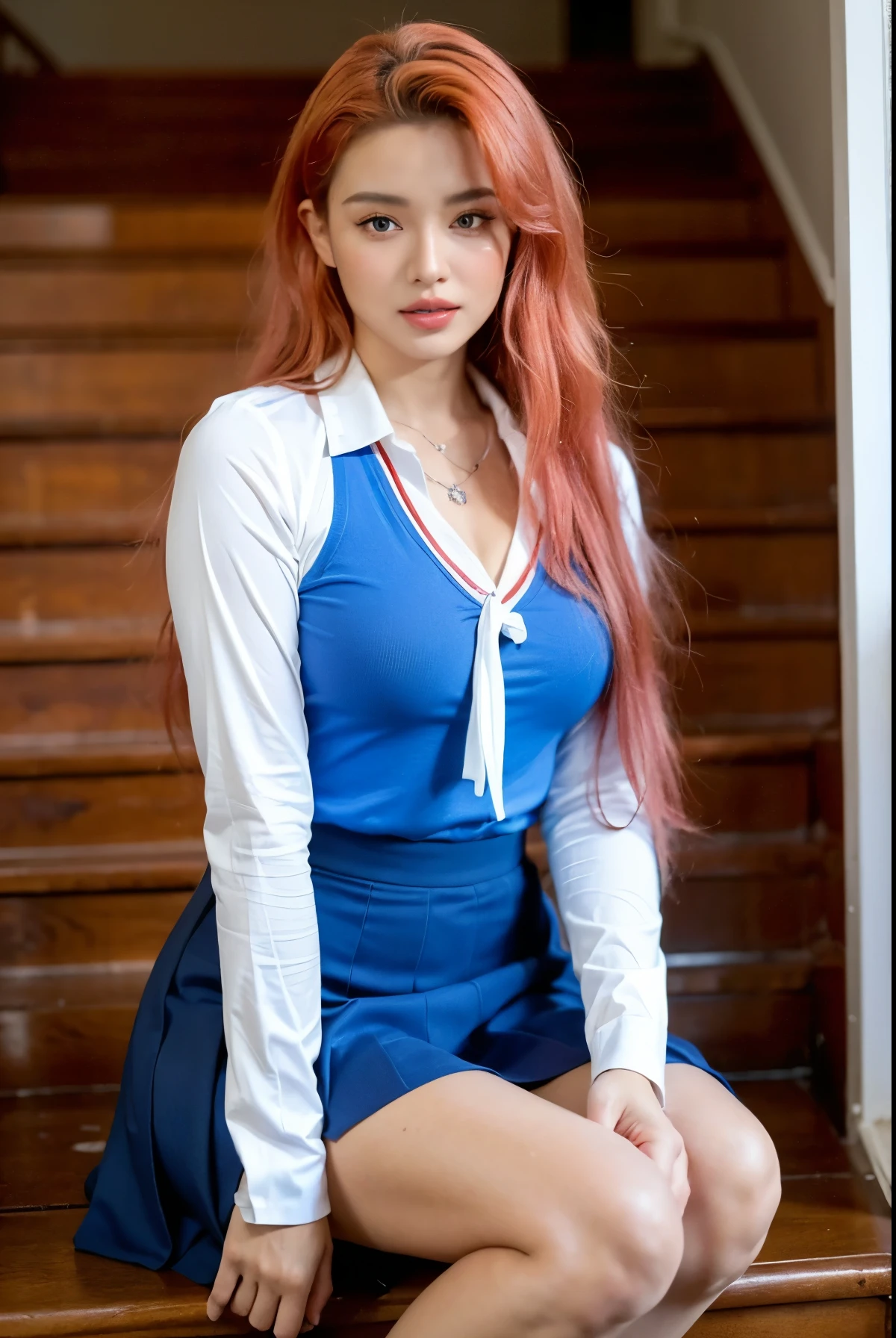 photo of exotic indian girl, 21 yo, (wavy auburn hair), red lips, make up, medium breasts, natural skin, detailed eyes, (slim waist) hourglass figure, white polo long sleeves, blue necktie, school uniform, blue pleated skirt, alluring, seduction, classroom, standing, posing, perfect hand, full body