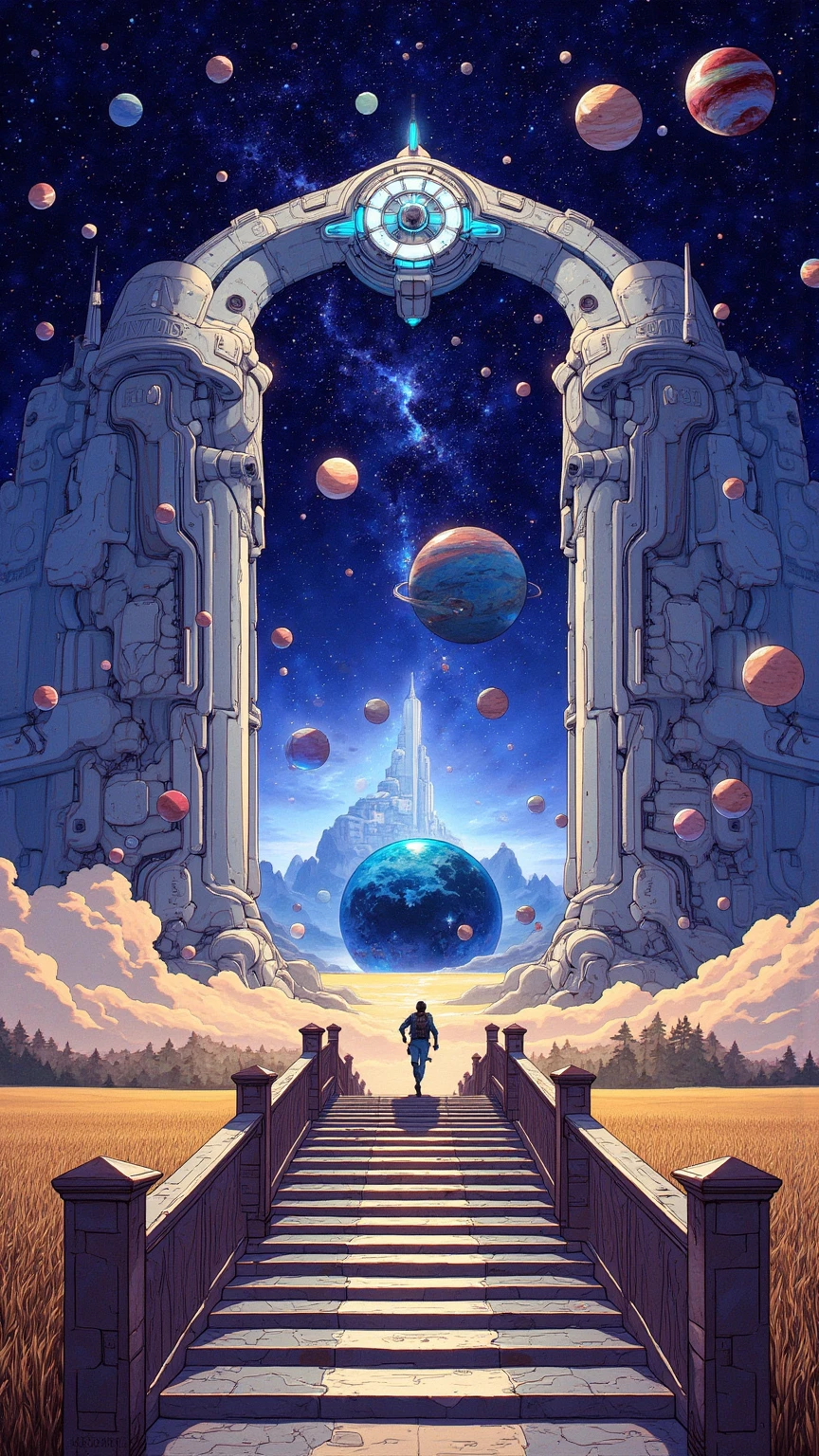 Painting of a staircase leading to a starry sky ,  Joffra Boschart depicting a man running through a field with many planets ,  CG Society Contest Winner , Space Art, Ancient Sci-fi Art ,  rising universe , Decorative Spaceship Paintings ,  future city star gate , Ancient futuristic ,  Greg Beeple , Cosmic architecture ,  mid-journey multiverse 