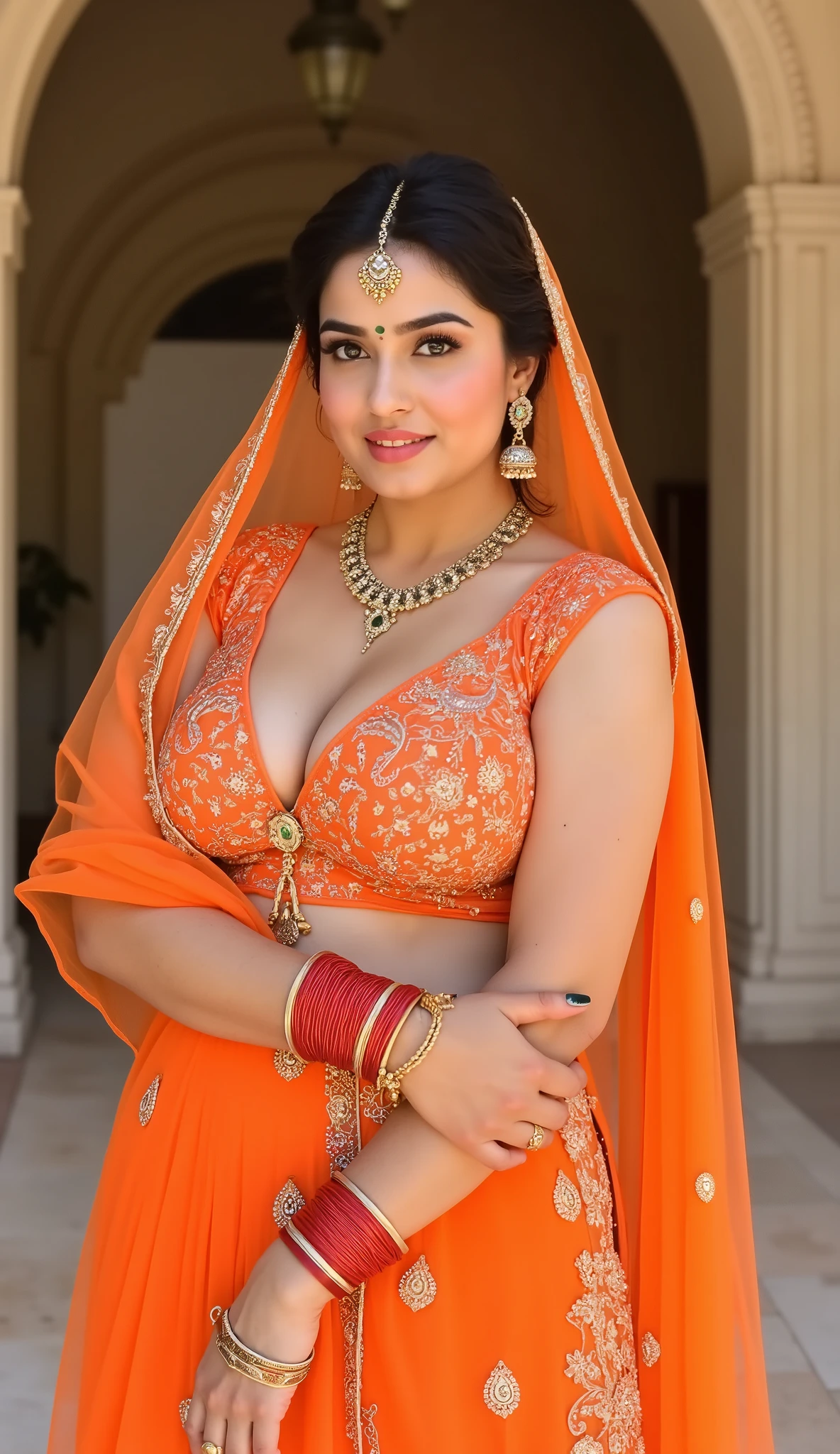 gorgeous pakistani big woman, slim figure wearing classic clothes , Waist jewelry necklace, bangles , background temple inside,, bent over, Orange transparent Chunni , orange dupatta , bridal makeup with orange sleeveless Dupatta, detailed face