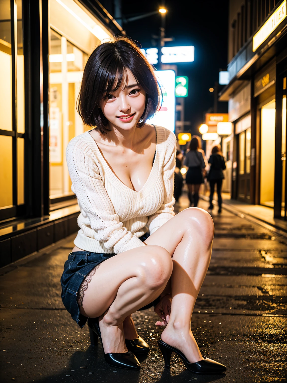 Young Japanese woman with short yellow hair Tokyo night,Full Body Shot，（Irregular skin blemishes，vein，Birthmark，Wrinkles on the skin，pores：1.2），（Pitch black night background： 1.2）， （Bokeh： 1.4），Mansuji、topless、Squat、front、18-year-old、No makeup、Spread your legs、split、