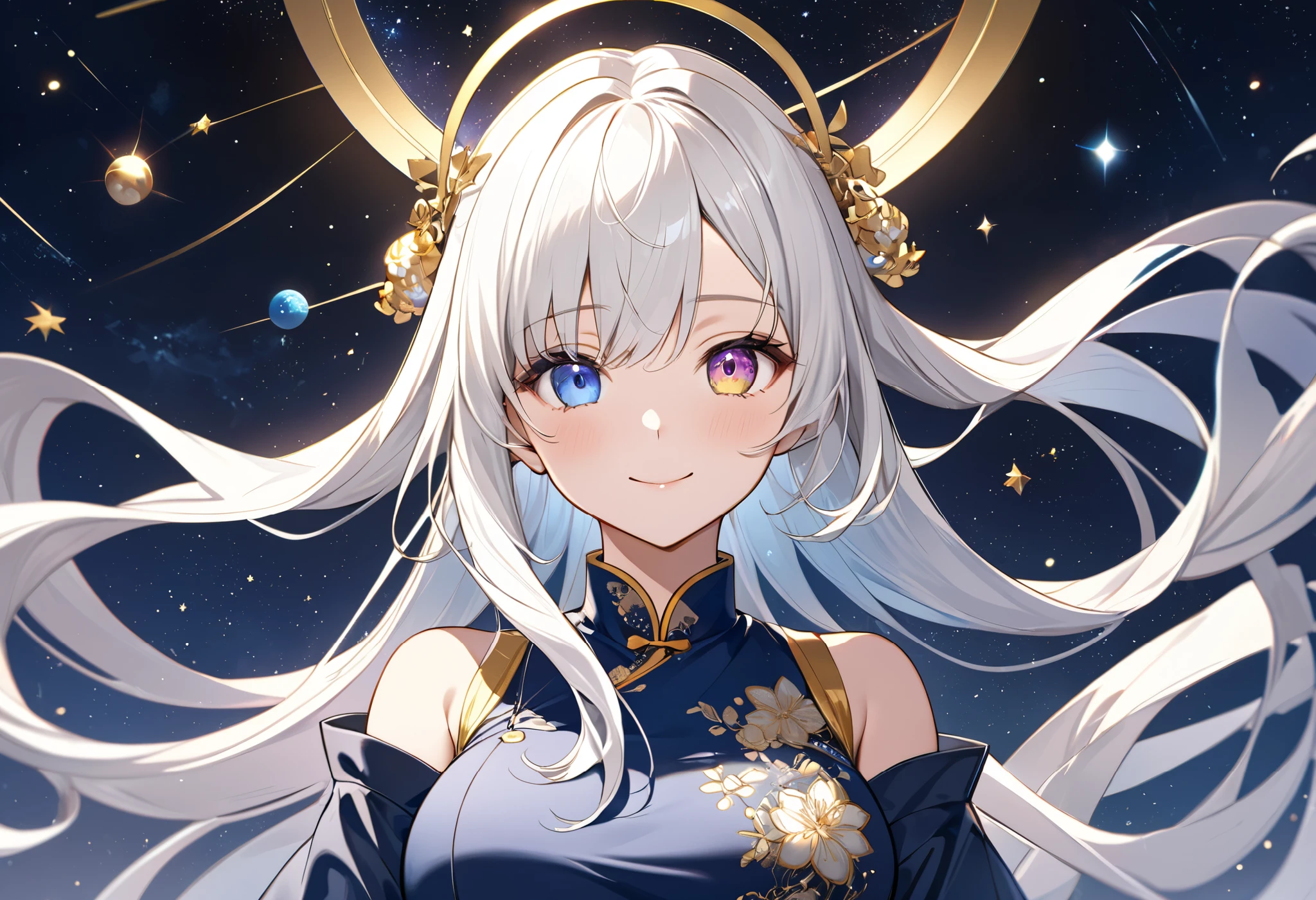 Fresh illustration,
Ultra-fine drawing,
Top quality,
Very delicate illustration,
Very fine details,
Beautiful charming anime woman,
Enchanting anime girl,
Super detailed,
Beautiful and sophisticated,
Illustration of a girl,
Full body,
Height 158cm,
Fair skin,
Right eye blue, left eye purple, complete heterochromia,
Large black pupil,
Beautiful eyes,
Super long hair,
Shiny hair,
Blue roots, white hair elsewhere,
Hair with gradient,
Protruding forehead,
Pretty and cute face,
Rich cheeks,
Small shiny halo floating on the back of the head,
Lowered eyebrows,
Smiling,
Upper body in kimono,
Overall white clothes,
Lower body in cheongsam,
Black obi,
Tasteful embroidery with gold thread,
Clothes with high-quality texture,
Narrow, sloping shoulders,
mega ,
isometric,
golden ratio,
divine atmosphere,
wearing an indigo-colored stand-up collared inner,
outer space,
multiple galaxies,
countless small stars,
tactical use of shadows,
hair and halo on head do not extend beyond the frame,
clothes do not extend beyond the frame,
bust shot,