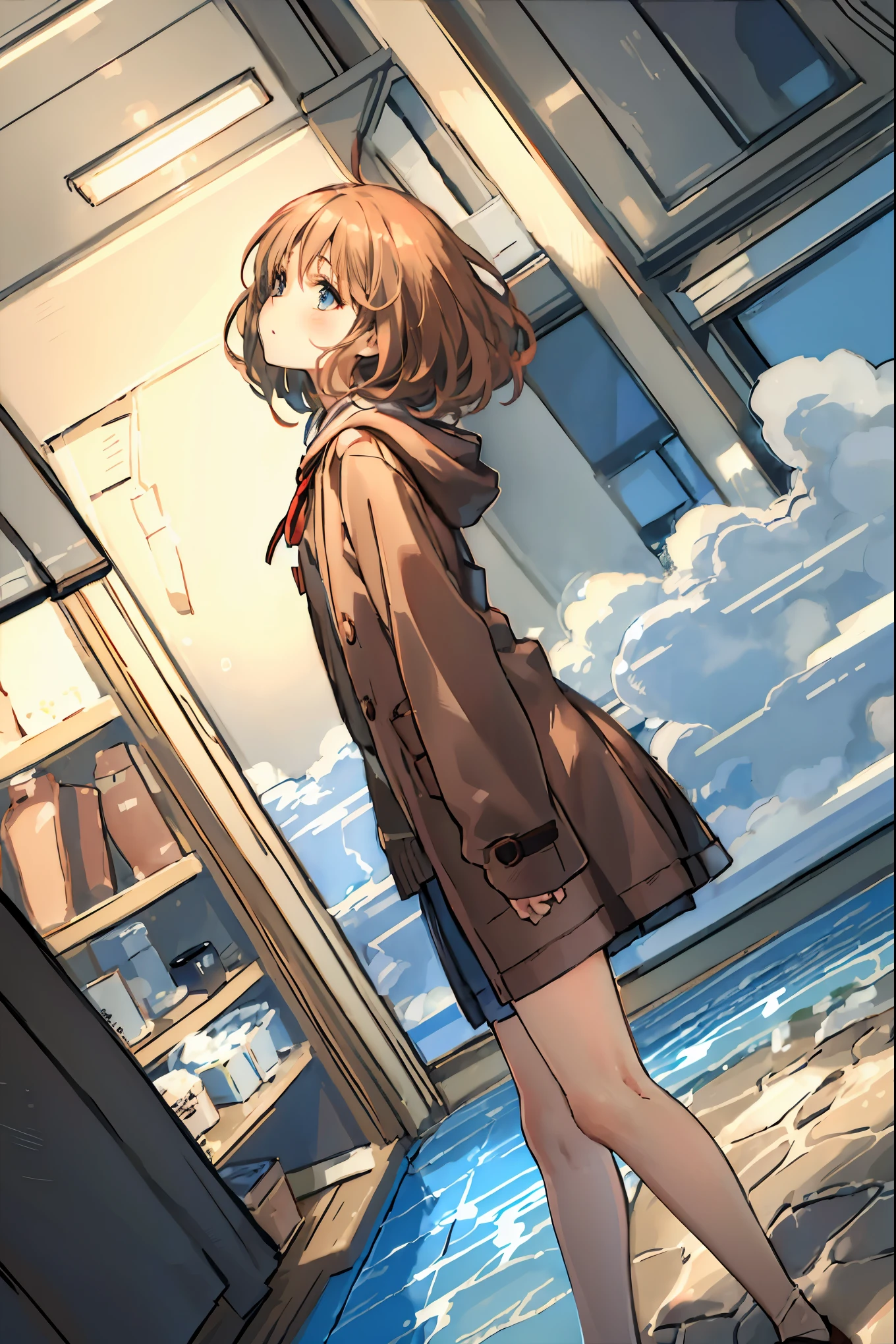 Winter clothes、Red coat、Bare legs、( top quality ,Masterpiece:1.3, Ultra-fine ),( very detailed, caustics,8k),( realistic :1.4,RAW shooting),18 years old, Japanese , cute, カメラを見て笑faceで ,( face :1.2),( faceクローズアップ :1.2),(Low position:1.3),( low angle:1.4), brown hair, Shortcut , slender beauty , messy hair,Cityscape, brown hair, Shortcut , Unkempt Hair ,Short braided hair,Neat, slender beautiful woman,Correct posture,Small chest, Beautiful Legs, Enchanting gray-blue eyes are shining like stars,Droopy eyes, bright color, beautiful eyes,繊細な笑face,Textured Skin, Best Quality at its Best , gentle and beautiful woman , anime style、