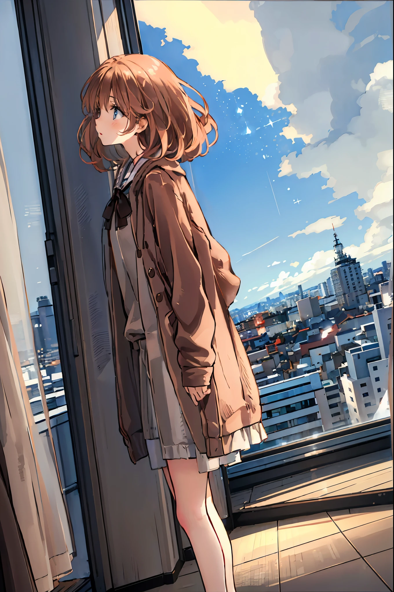 Winter clothes、Red coat、Bare legs、( top quality ,Masterpiece:1.3, Ultra-fine ),( very detailed, caustics,8k),( realistic :1.4,RAW shooting),18 years old, Japanese , cute, カメラを見て笑faceで ,( face :1.2),( faceクローズアップ :1.2),(Low position:1.3),( low angle:1.4), brown hair, Shortcut , slender beauty , messy hair,Cityscape, brown hair, Shortcut , Unkempt Hair ,Short braided hair,Neat, slender beautiful woman,Correct posture,Small chest, Beautiful Legs, Enchanting gray-blue eyes are shining like stars,Droopy eyes, bright color, beautiful eyes,繊細な笑face,Textured Skin, Best Quality at its Best , gentle and beautiful woman , anime style、