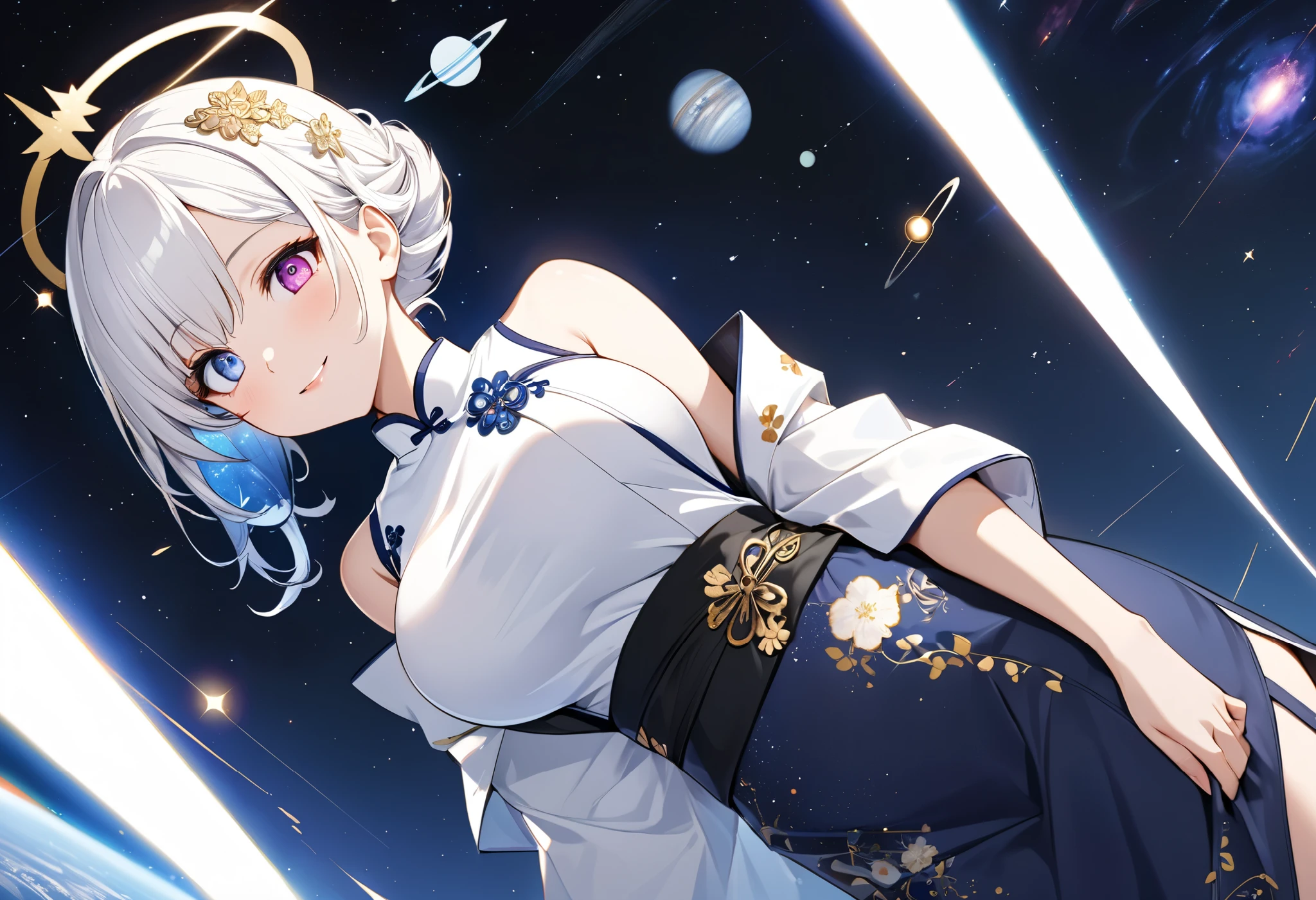 Fresh illustration,
Ultra-fine drawing,
Top quality,
Very delicate illustration,
Very fine details,
Beautiful charming anime woman,
Enchanting anime girl,
Super detailed,
Beautiful and sophisticated,
Illustration of a girl,
Full body,
Height 158cm,
Fair skin,
Right eye blue, left eye purple, complete heterochromia,
Large black pupil,
Beautiful eyes,
Super long hair,
Shiny hair,
Blue roots, white hair elsewhere,
Hair with gradient,
Protruding forehead,
Pretty and cute face,
Rich cheeks,
Small shiny halo floating on the back of the head,
Lowered eyebrows,
Smiling,
Upper body in kimono,
Overall white clothes,
Lower body in cheongsam,
Black obi,
Tasteful embroidery with gold thread,
Clothes with high-quality texture,
Narrow, sloping shoulders,
mega breasts,
isometric,
golden ratio,
divine atmosphere,
wearing an indigo-colored stand-up collared inner,
outer space,
multiple galaxies,
countless small stars,
tactical use of shadows,
hair and halo on head do not extend beyond the frame,
clothes do not extend beyond the frame,
bust shot,