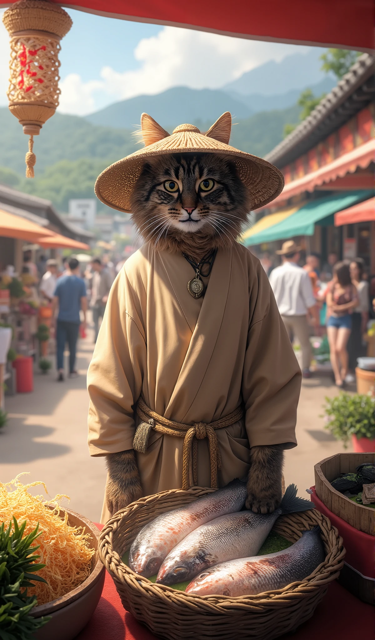 "A realistic depiction of a fluffy tabby cat dressed in a beige fishing robe with a rope belt and a wide-brimmed straw hat. The cat stands proudly at an outdoor market stall, selling fresh fish displayed in a woven bamboo basket. The bustling marketplace is filled with vibrant colors, wooden carts, and other vendors selling various goods. The background features traditional rural scenery, with distant hills and greenery adding a peaceful yet lively atmosphere."