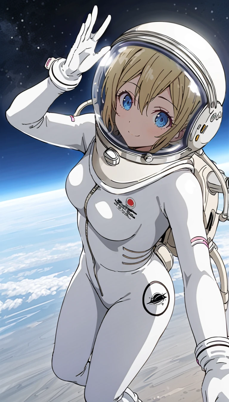 (spacesuit:1.15), white cargo pants, astronaut)bubble helmet, space helmet, white gloves, smiling, saluting, looking at the audience, outer space, floating, alone, whole body, masterpiece, best quality, 1girl, beautiful, image from below, solo, ai hayasaka, bangs, blue eyes, blonde hair, hair ornament, hair between eyes, sidelocks
