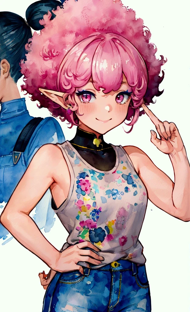 Really embarrassed tomboy girl, with short gray curly hair and green glasses, in pink sexy underwear ,trying to cover herself