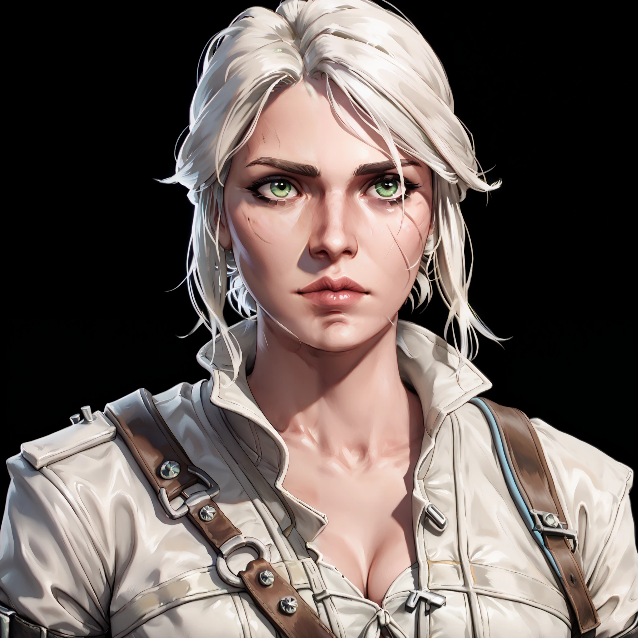 one woman, ciri, (green eyes:1.2), white hair, (upper body:1.3), (black background, clear background:1.5), (white military jacket:1.2), (studio lights, deep shadows:1.3), (big chest:1.2)