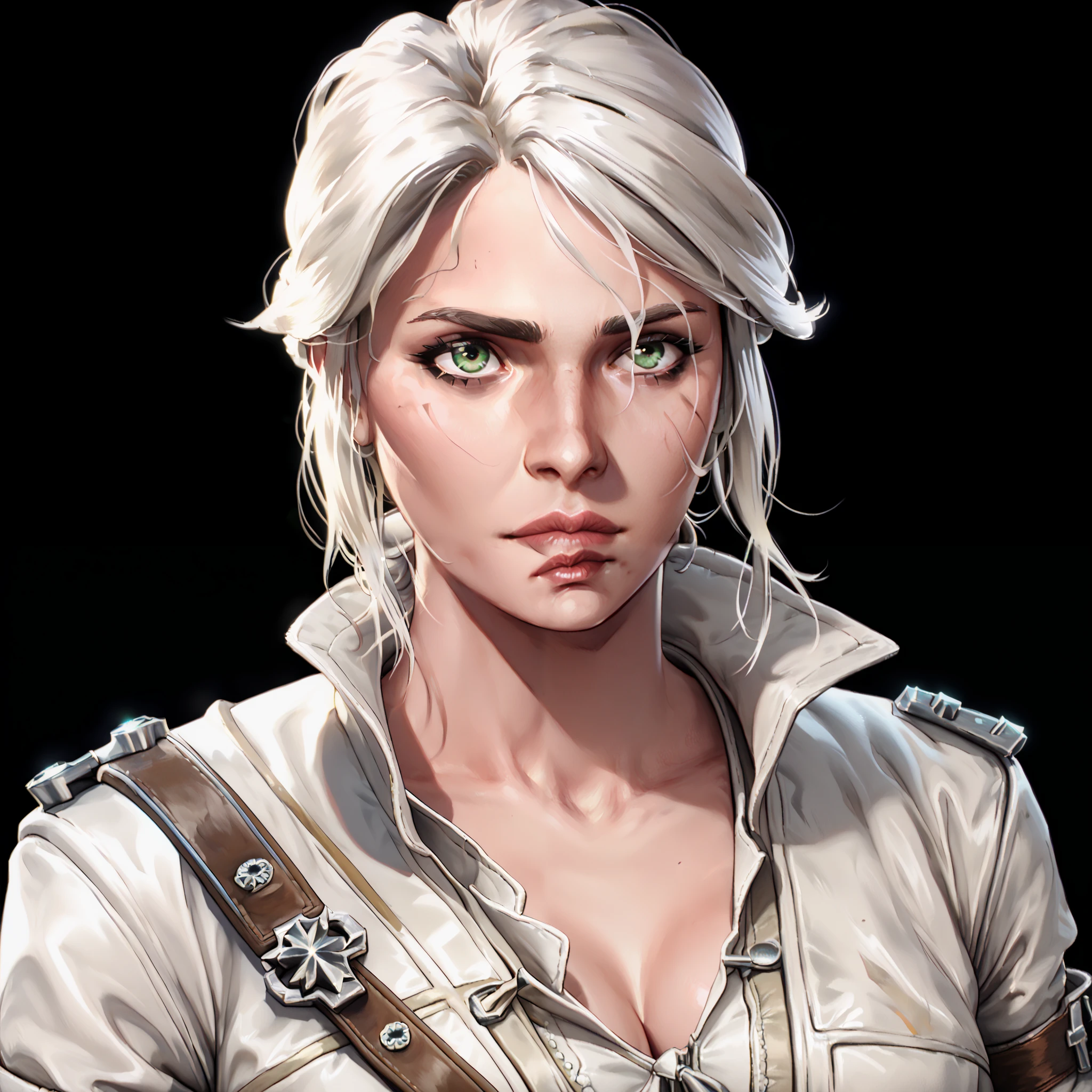 one woman, ciri, (green eyes:1.2), white hair, (upper body:1.3), (black background, clear background:1.5), (white military jacket:1.2), (studio lights, deep shadows:1.3), (big chest:1.2)