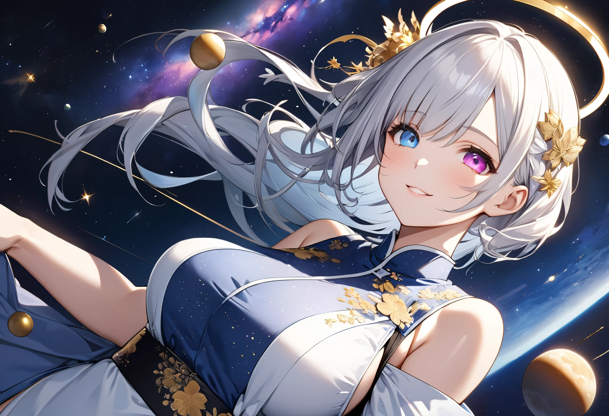 Fresh illustration,
Ultra-fine drawing,
Top quality,
Very delicate illustration,
Very fine details,
Beautiful charming anime woman,
Enchanting anime girl,
Super detailed,
Beautiful and sophisticated,
Illustration of a girl,
Full body,
Height 158cm,
Fair skin,
Right eye blue, left eye purple, complete heterochromia,
Large black pupil,
Beautiful eyes,
Super long hair,
Shiny hair,
Blue roots, white hair elsewhere,
Hair with gradient,
Protruding forehead,
Pretty and cute face,
Rich cheeks,
Small shiny halo floating on the back of the head,
Lowered eyebrows,
Smiling,
Upper body in kimono,
Overall white clothes,
Lower body in cheongsam,
Black obi,
Tasteful embroidery with gold thread,
Clothes with high-quality texture,
Narrow, sloping shoulders,
mega breasts,
isometric,
golden ratio,
divine atmosphere,
wearing an indigo-colored stand-up collared inner,
outer space,
multiple galaxies,
countless small stars,
tactical use of shadows,
hair and halo on head do not extend beyond the frame,
clothes do not extend beyond the frame,
bust shot,