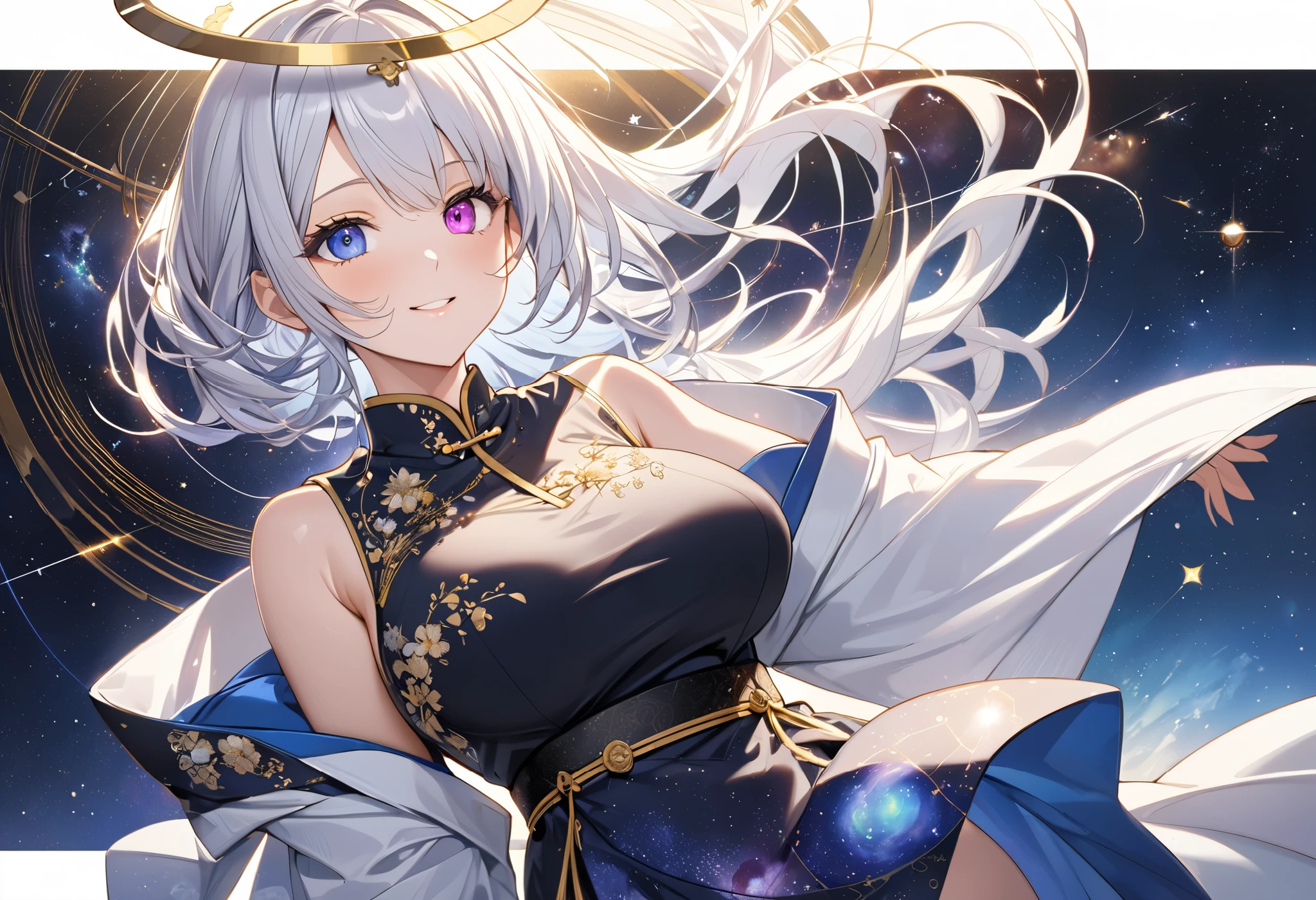 Fresh illustration,
Ultra-fine drawing,
Top quality,
Very delicate illustration,
Very fine details,
Beautiful charming anime woman,
Enchanting anime girl,
Super detailed,
Beautiful and sophisticated,
Illustration of a girl,
Full body,
Height 158cm,
Fair skin,
Right eye blue, left eye purple, complete heterochromia,
Large black pupil,
Beautiful eyes,
Super long hair,
Shiny hair,
Blue roots, white hair elsewhere,
Hair with gradient,
Protruding forehead,
Pretty and cute face,
Rich cheeks,
Small shiny halo floating on the back of the head,
Lowered eyebrows,
Smiling,
Upper body in kimono,
Overall white clothes,
Lower body in cheongsam,
Black obi,
Tasteful embroidery with gold thread,
Clothes with high-quality texture,
Narrow, sloping shoulders,
mega breasts,
isometric,
golden ratio,
divine atmosphere,
wearing an indigo-colored stand-up collared inner,
outer space,
multiple galaxies,
countless small stars,
tactical use of shadows,
hair and halo on head do not extend beyond the frame,
clothes do not extend beyond the frame,
bust shot,