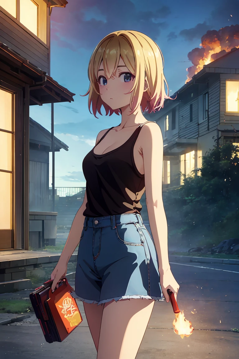 masterpiece, Highest quality anime illustrations, Super detailed,ultra high resolution、perfect lighting single girls, alone, Blonde、medium hair, anime , view at viewer,  cleavage in years、 black tank top、 sexy short denim skirt holding an ignited matchstick、at night、Old folk house entrance 、I have an ignited lighter、Building on fire、Big flames