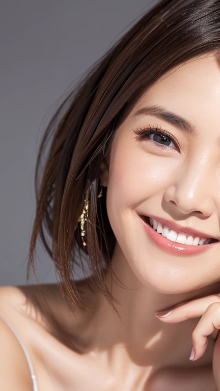 Beautiful woman with perfect eyes and nose、Model-like beauty、Cute like a model、Double Eyes、How to use regular mascara、Eye color is blue、Her hair color is pink.、Her face is delicate and elegant.、4K images、Beautiful style like a model、Usually large、A fresh and lovely smile、Overall image、Glamorous smile、Beautiful and delicate face like a model、highest quality、Masseter region、Beautiful smile、In a bright room、I&#39、The height of femininity、Adult smile、Sexy pose、Upper body of the body、