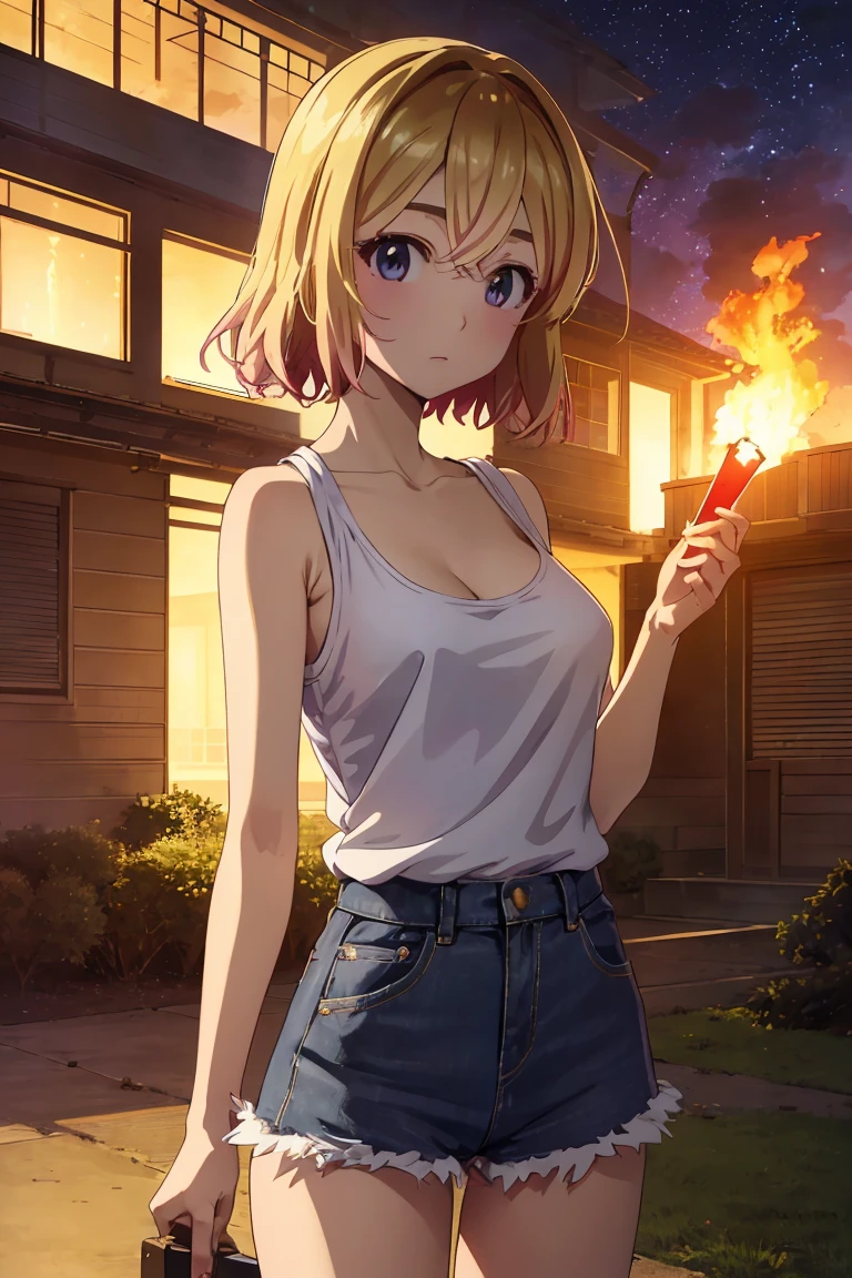 masterpiece, Highest quality anime illustrations, Super detailed,ultra high resolution、perfect lighting single girls, alone, Blonde、medium hair, anime , view at viewer,  cleavage in years、 black tank top、 sexy short denim skirt holding an ignited matchstick、at night、Old folk house entrance 、I have an ignited lighter、Building on fire、Big flames