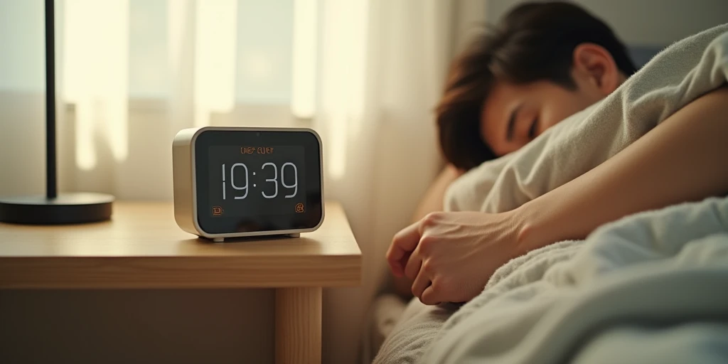 Cinematic, close-up photography of a sleek modern alarm clock vibrating on a minimalist wooden bedside table, surrounded by a cozy blanket and an unfinished cup of coffee, a young man’s hand reaching out from under the covers to press snooze, soft morning sunlight streaming through light curtains –ar 16:9 [Director: Na Hong-jin, Emotion: groggy anticipation, Lighting: natural and diffused, Color Palette: warm neutrals]