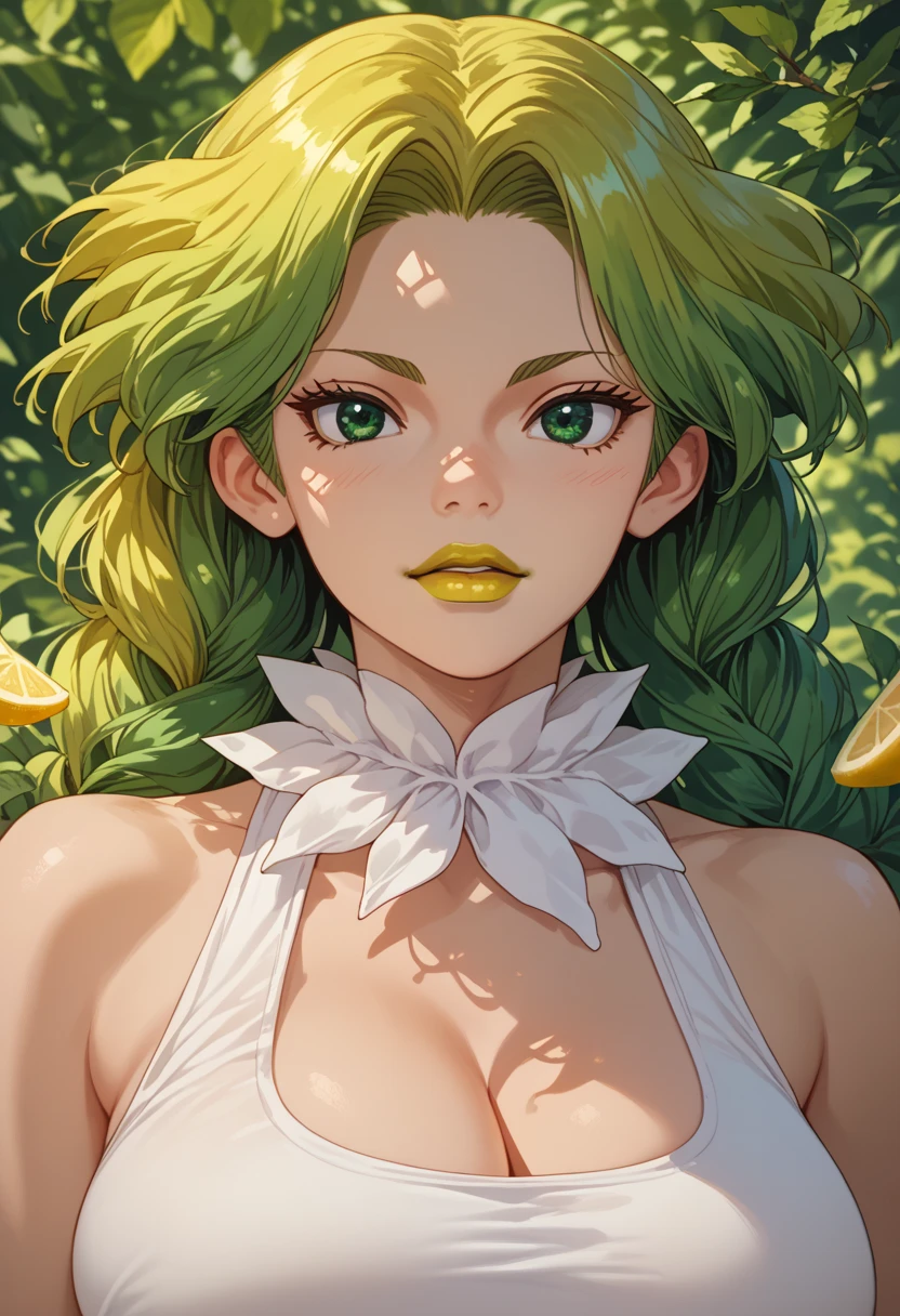 woman, white skin, anime style, big breasts, yellow lipstick, green eyes, lemon hair,, Nikki