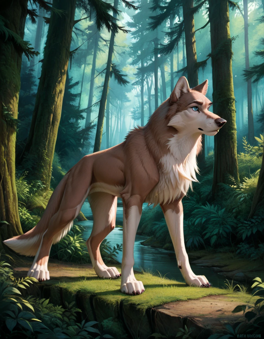 score_9, score_8_up, score_7_up, aleu, two tone fur, no humans, body fur, wolf, animal, solo, blue eyes, standing, full body, animal focus, side view, forest, detailed background