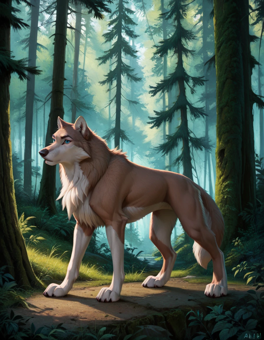 score_9, score_8_up, score_7_up, aleu, two tone fur, no humans, body fur, wolf, animal, solo, blue eyes, standing, full body, animal focus, side view, forest, detailed background