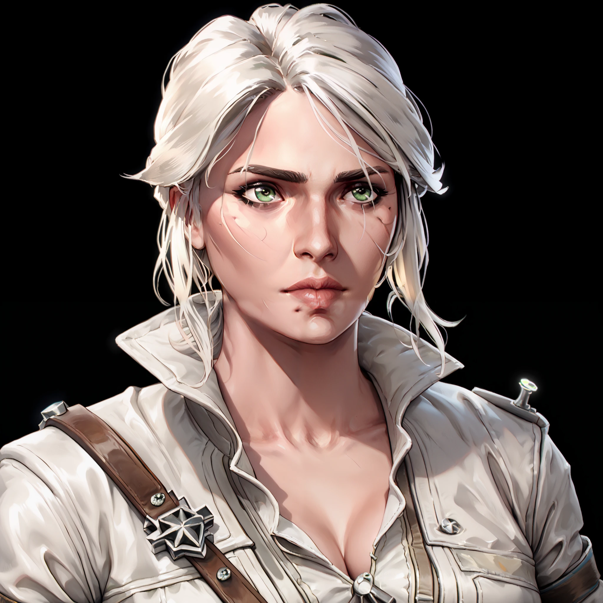 one woman, ciri, (green eyes:1.2), white hair, (upper body:1.3), (black background, clear background:1.5), (white military jacket:1.2), (studio lights, deep shadows:1.3), (big chest:1.2)