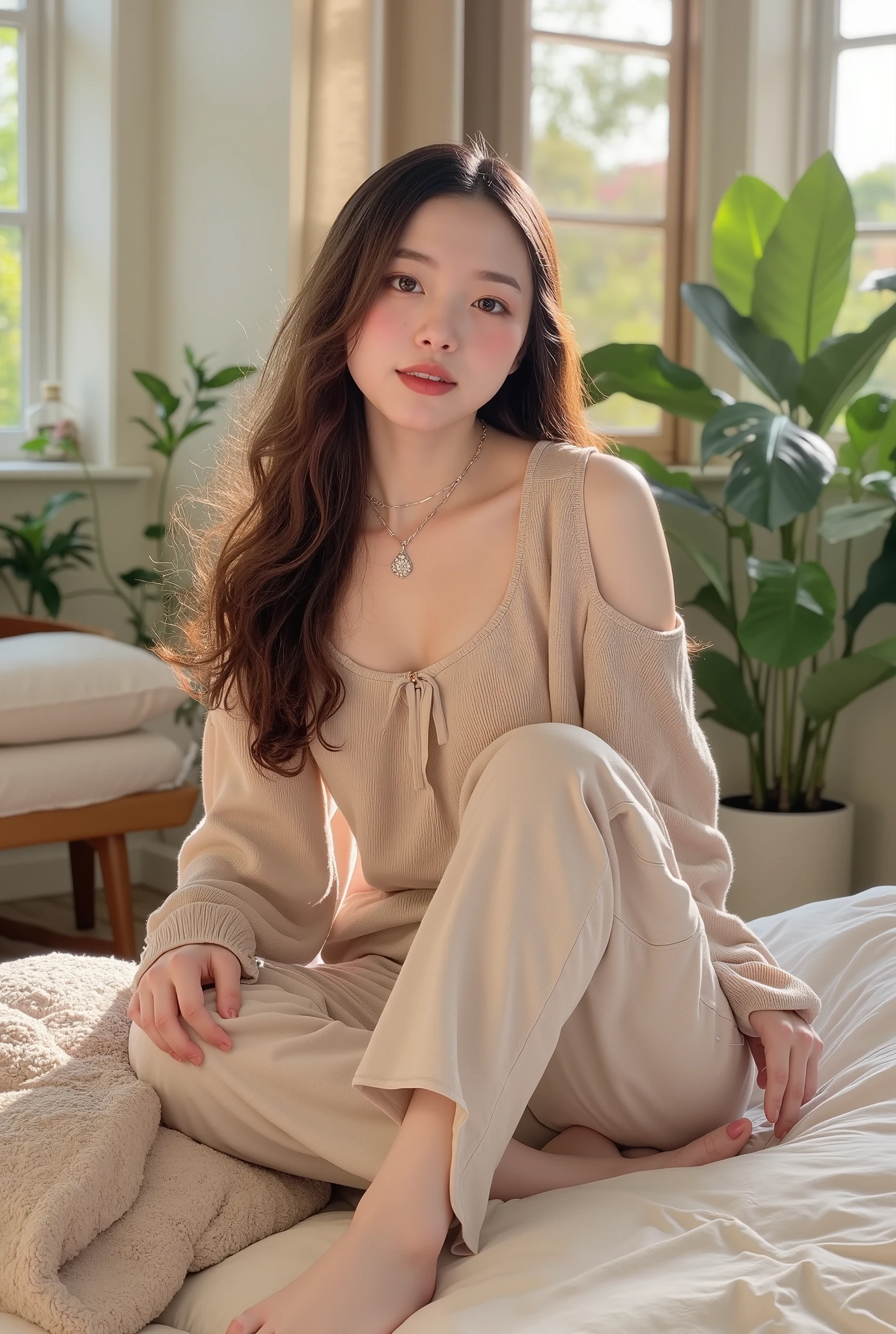 ( Photorealism :1.2), beautiful women, sit on the bed, She wears a loose top with a wide open shoulder line., Pajama pants, long curl hair, indoor, soft lighting , Background plants, windows that let sunlight in, cozy room , Relaxed Posture , realistic, intricate details, Warm colors,