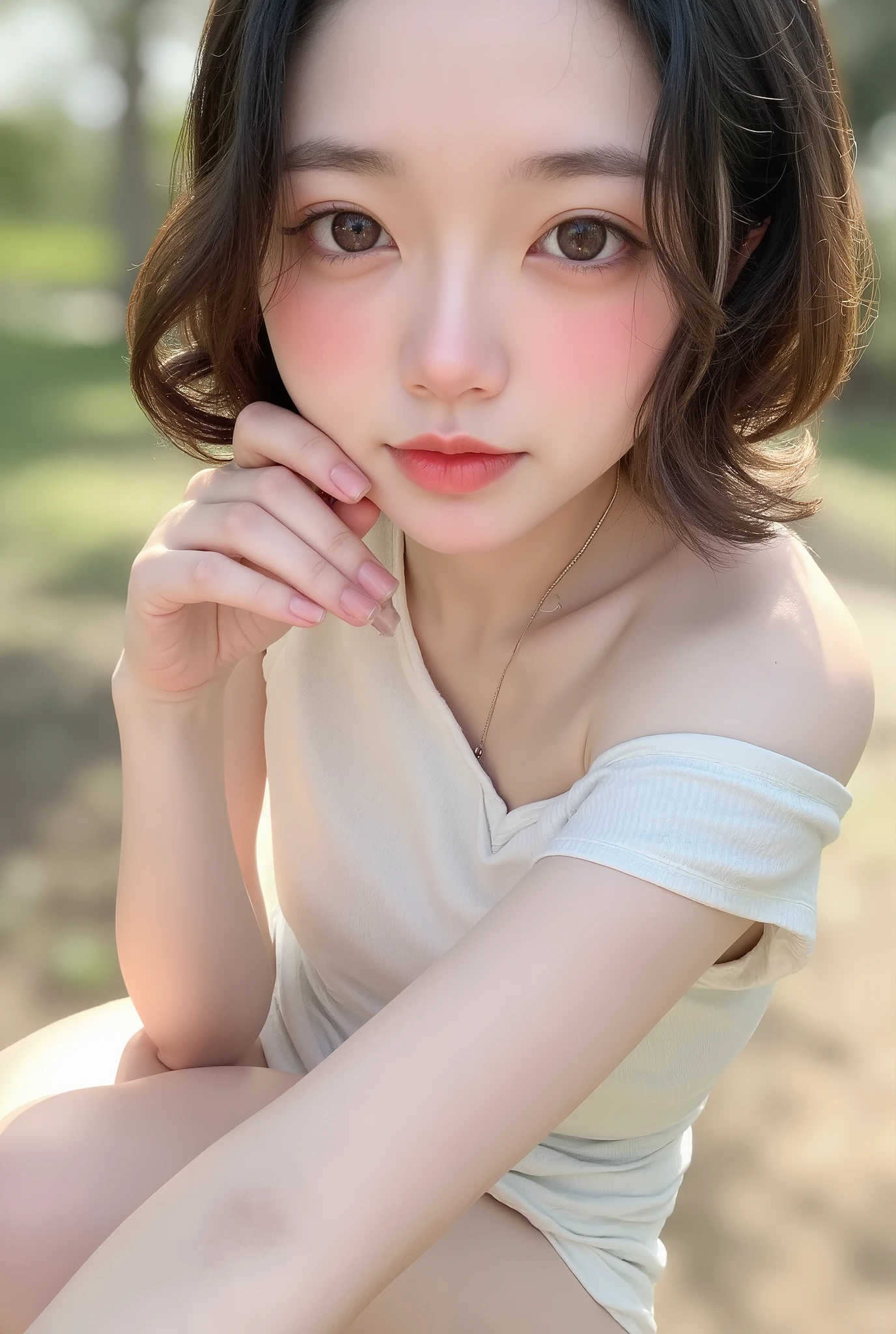    A young dark-haired woman styled with short, slightly wavy hair   .    She is wearing a turtleneck-style form-fitting off-white sleeveless dress in the background .    The dress fits her figure perfectly   .  , her expression is gentle 、 looking at the camera from the front   .
   outdoor environment with natural light  ,  is softly blurry  ,   outdoor environment with natural light  .  The overall lighting is soft and warm ,   enhances the look and texture of the dress   .
  The woman's skin tone is fair and 、 faintly characteristic   .   the soft sunlight hits the skin and hair   . 
