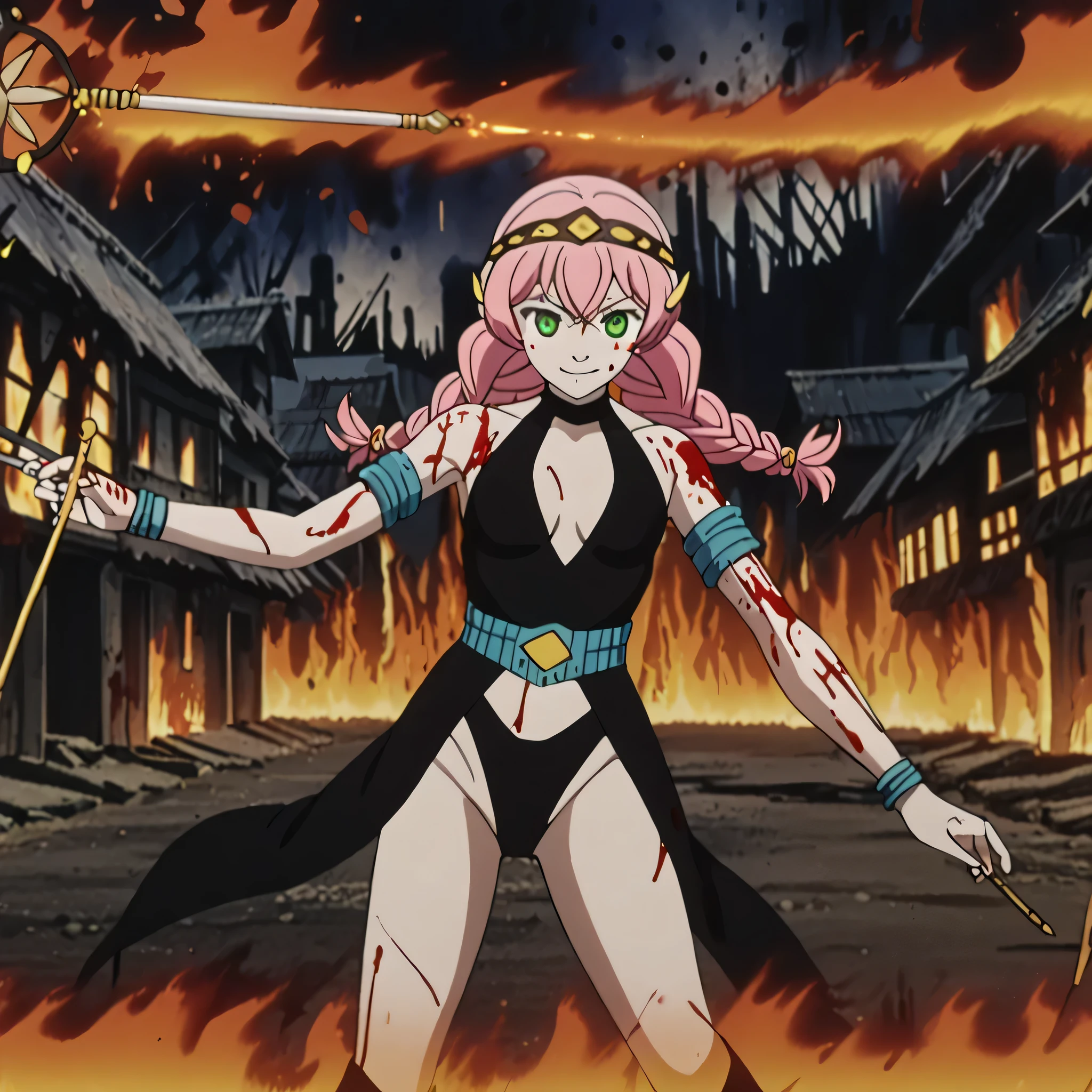 (((Masterpiece))), (((Best Quality))), ((Super Detail)), ultra-High resolution, score_9,score_8_up,score_7_up,score_6_up,score_5_up,score_4_up, BREAK, source_anime, anime screencap, uncensored, rating_explicit, Masterpiece, curvy, dark persona, empty eyes, expressionless, blank eyes, looking at viewer, full body, emotionless, Fighting Stance, shmnmzg3r, horizontal pupils, black leotard, clothing cutout, high heel boots, knee boots, circlet, armlet, bracelet, belt, halterneck, (((solo, 1girl))), hair ornament, small breast, blossom, pink_hair, long_hair, braid, twin_braids, green_eyes, ahoge, hair_between_eyes, (((smile, blood splatter, burn village background, magical wand, holding wand)))