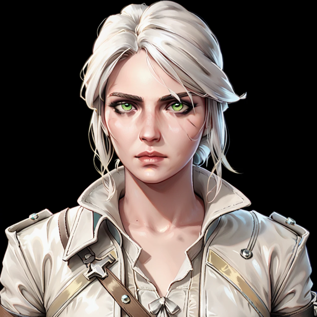 one woman, ciri, (green eyes:1.2), white hair, (upper body:1.3), (black background, clear background:1.5), (white military jacket:1.2), (studio lights, deep shadows:1.3), (small chest:1.2)