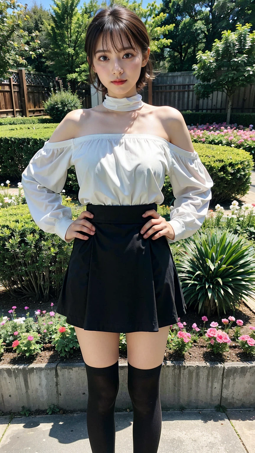 woman, 20-year-old, anatomy、short brown wavy hair、bangs、small breasts、(White Turtleneck Knit)、(blue long skirt), 7head and body、black stocking dium milk, (((cute smile:0.3)))、((Pose that emphasizes the buttocks、looked back))、sexy hips、black high heels、big necklace、((((the wind blew my skirt, expose my panties...))))、(Light blue lace panties)、cute earrings、(tilt your head a little)