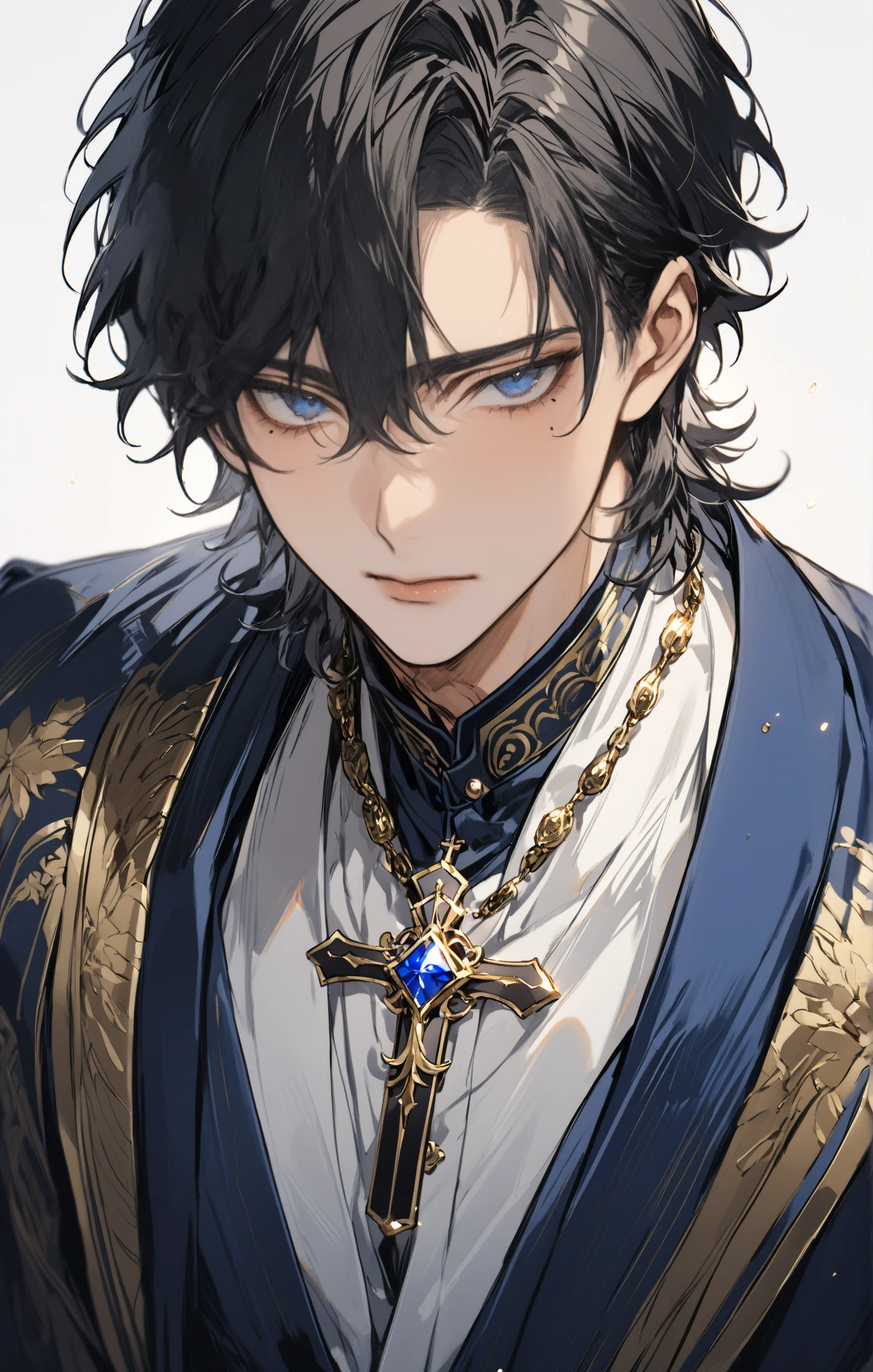 1 man, handsome, 25 year old, Solo, medium Hair, Black Hair, Close-Up, dark blue eyes, wear formal robes with gold and blue accents, and have a cross-shaped necklace adorned with blue gems, have mole under his eyes, bust-up.