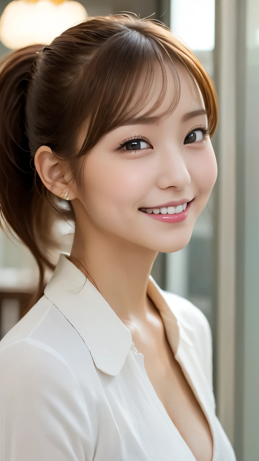 top quality、 top quality、、Masterpiece、 brown hair、 high ponytail 、 gal、summer、smile、 young Japanese woman、 white shirt、OL、 business suit、 sexy、 slightly larger breasts