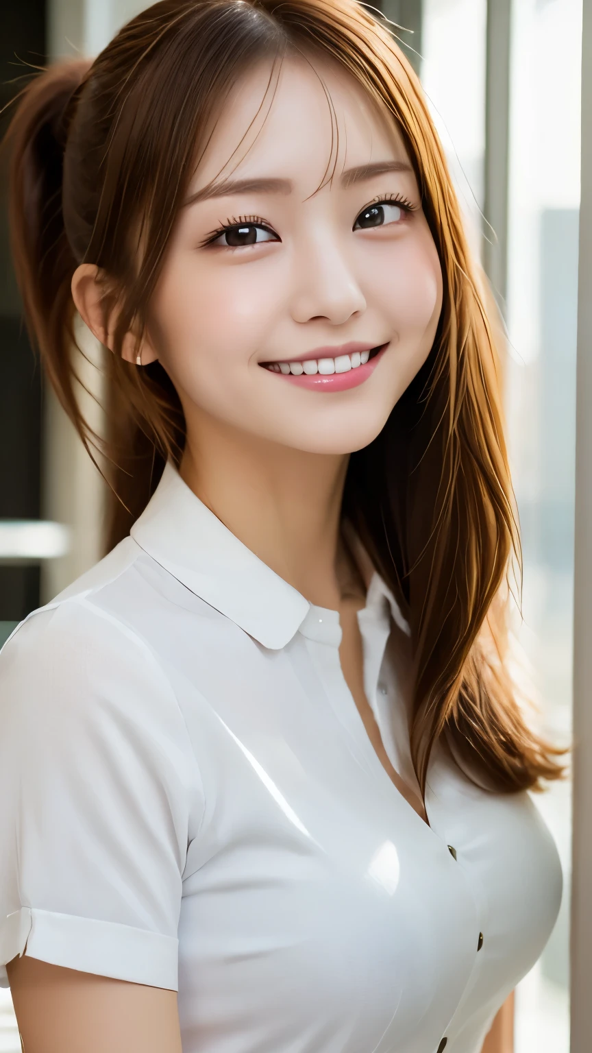 top quality、 top quality、、Masterpiece、 brown hair、 high ponytail 、 gal、summer、smile、 young Japanese woman、 white shirt、OL、 business suit、 sexy、 slightly larger breasts