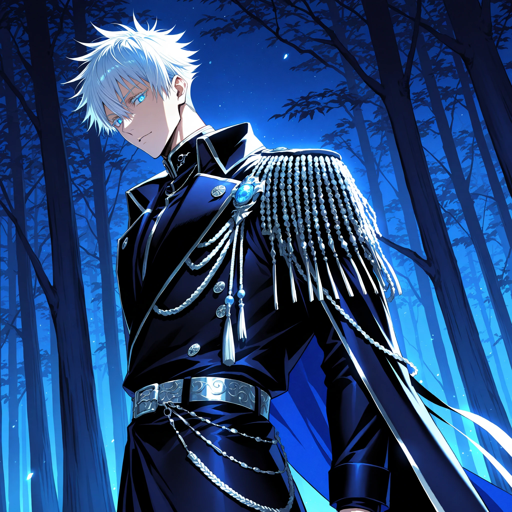 (masterpiece, best quality), (absurdres absolutely resolution), (8k), (detailed beautiful face and eyes), (detailed illustration), (super fine illustration), 1boy, vampire hunter, Gojo Satoru, Jujutsu Kaisen, glowing eyes, blue eyes, white eyelashes, white hair, short hair, hair between eyes, black elegant fantasy clothes, black long coat, black fingerless gloves, fantasy style, high fashion, handsome, attractive, sexy man, sensual, solo, upper_body, standing, night, dark forest, professional lighting