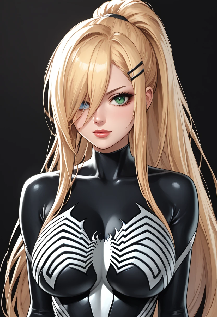 score_9, score_8_up, score_7_up, score_6_up, source_anime,rating_explecit,anime coloring, 1girl ,  details, she venom, black detailed bodysuit, full black suit, black suit, big symbols spider , perfect symbols spider, big logo spider white on suitlarge breast,very long hair , room, blonde hair, green eyes, long hair, hair between eyes,very long hair , silky hair, yamanaka ino, hair over one eye, blonde hair, long hair, ponytail, blue eyes, hairclip,sexy pose, nudes woman,