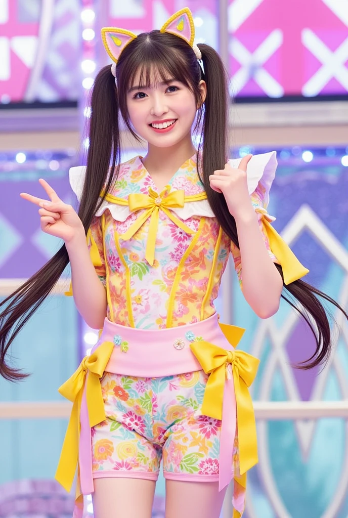 One Girl ,  high definition,  top quality,  twin tails、Lower twin tails、 idol costume、double piece、smile、Full body images、Cat ears、