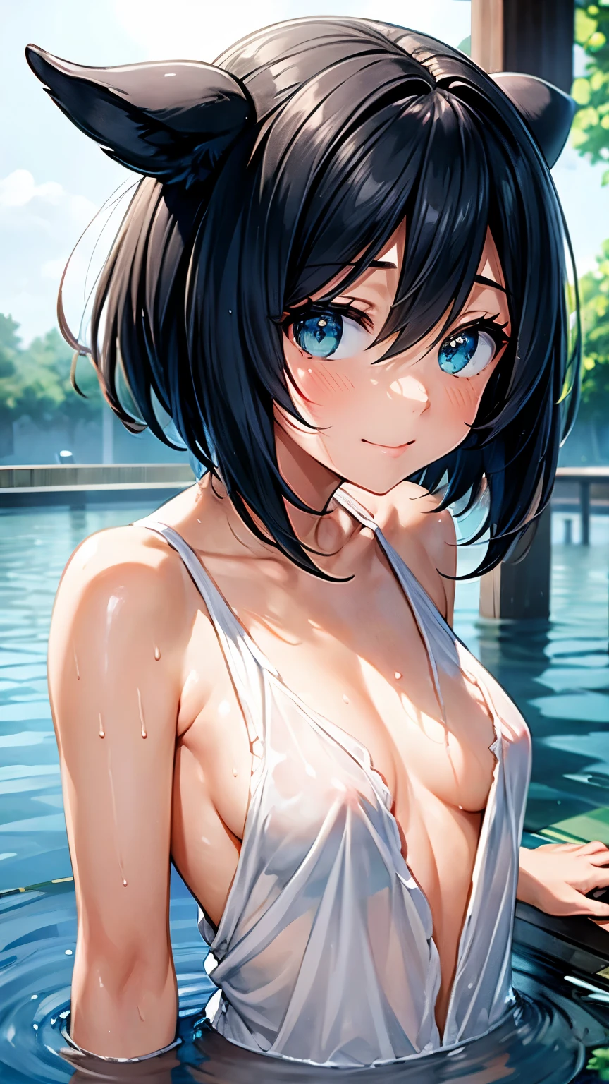 ((Highest quality)), ((masterpiece)), (detailed), (Japanese),, Black Hair,(Childish face), (Long Hair), Girl, small Breasts, ((topless)), ((Blue eyes)),half-smile ,Sunlight, arched back, (close_up) , riverbank, flower garden,