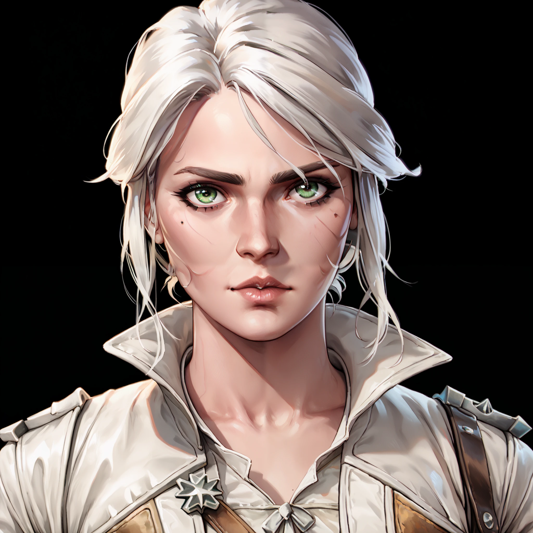 one woman, ciri, (green eyes:1.2), white hair, (upper body:1.3), (black background, clear background:1.5), (white military jacket:1.2), (studio lights, deep shadows:1.3), (small chest:1.2)