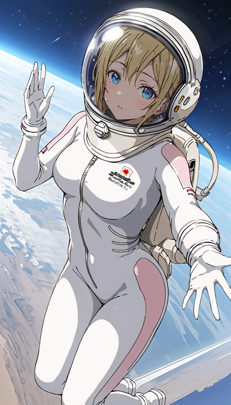 (spacesuit:1.15), white cargo pants, astronaut)bubble helmet, space helmet, white gloves, half-closed eyes, saluting, looking at the audience, outer space, floating, alone, whole body, masterpiece, best quality, 1girl, beautiful, image from below, solo, ai hayasaka, bangs, blue eyes, blonde hair, hair ornament, hair between eyes, sidelocks
