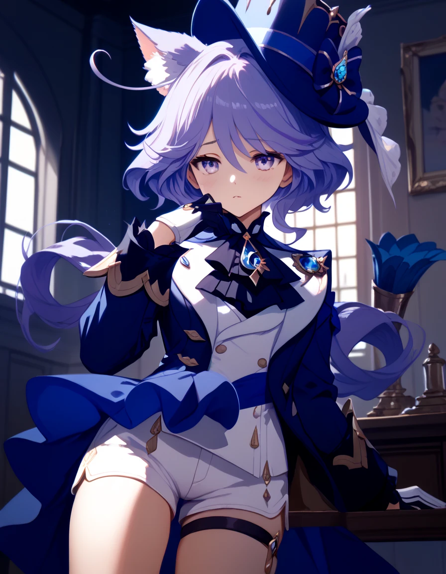 handfixer, 1girl, solo, furinadef, ahoge, blue headwear, top hat, jacket, ascot, brooch, long sleeves, black gloves, white gloves, white shorts, thigh strap, cat ears, fluffy ears, neko, cat girl, masterpiece, chews on a stick, shy, purple hair, purple eyes, room, highres, anatomically correct