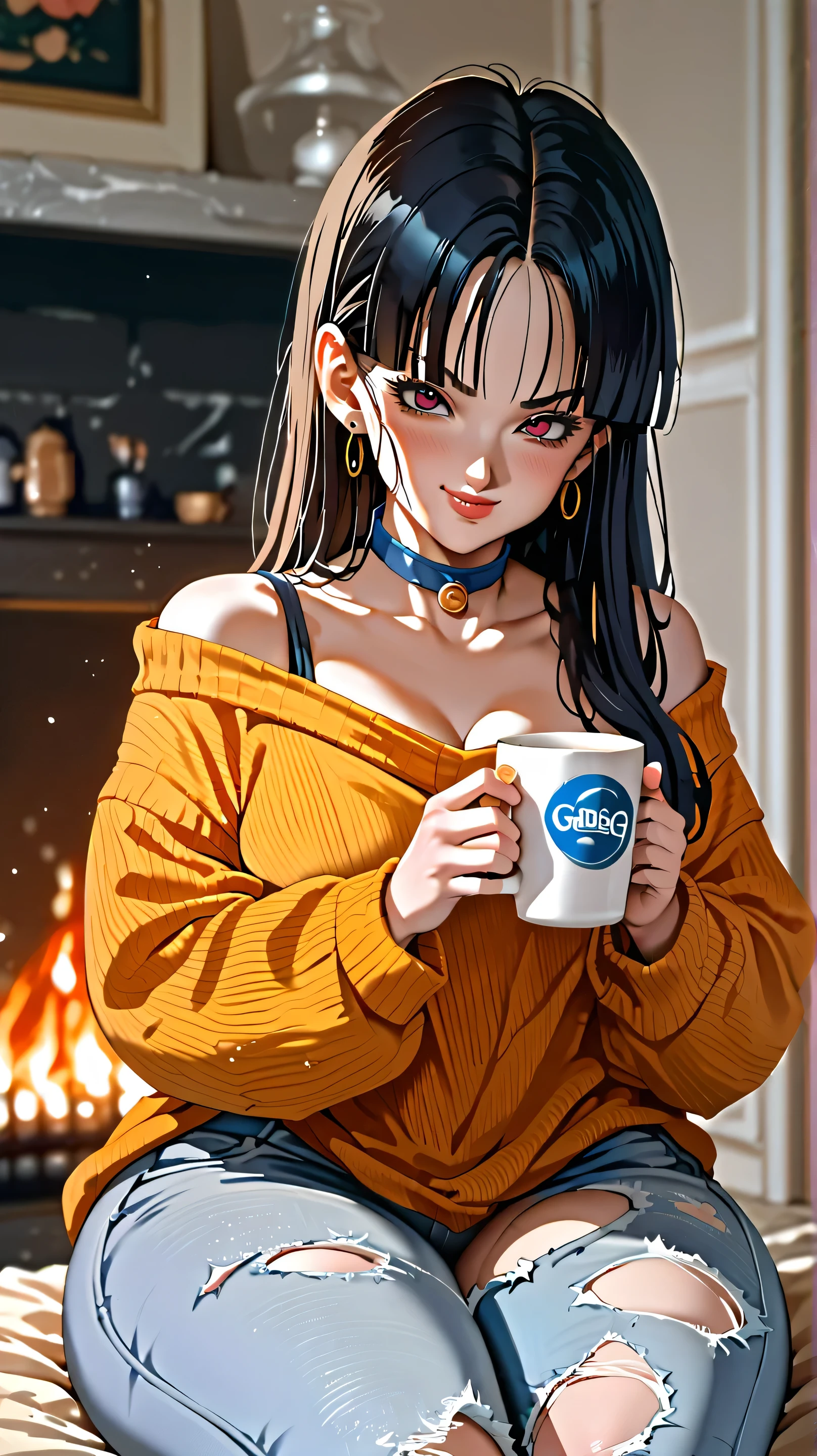 Masterpiece, pan from dragon ball gt (horny face expression), (wearing oversized sweater, ripped jeans, choker, collar), thick thighs, wide hips, alone, no wolves, comics, fantasy, sfw, onis, sitting, holding a cup, house fireplace background