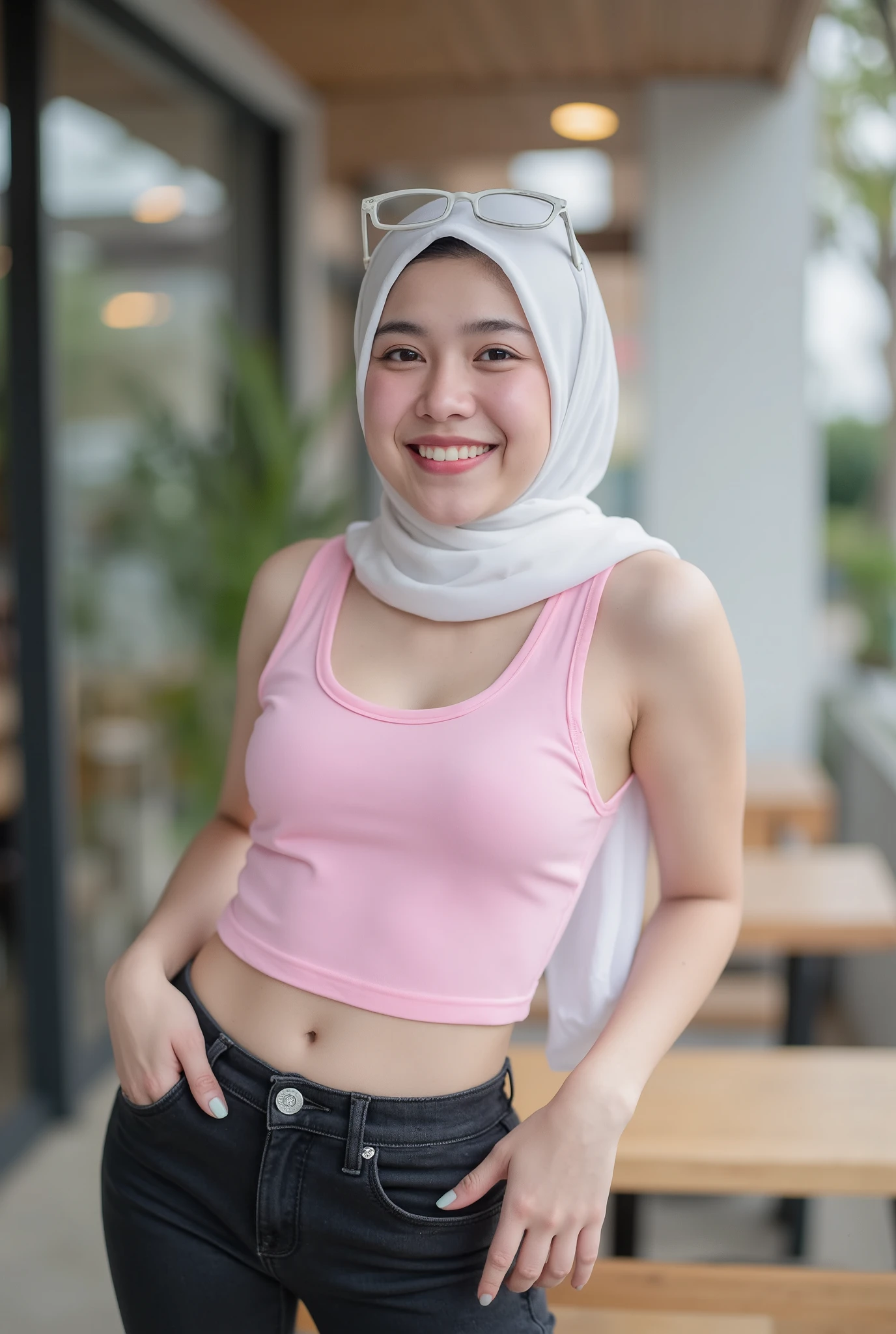 . Malay girl with hijab , , Middle Breasts, smile sees white teeth , wearing a pink singlet , black long leg jeans , RANDOM GESTURES, Standing Pose , daylight , daylight , there in a cafe , wearing white framed fashion glasses on his head..,Wear white canvas