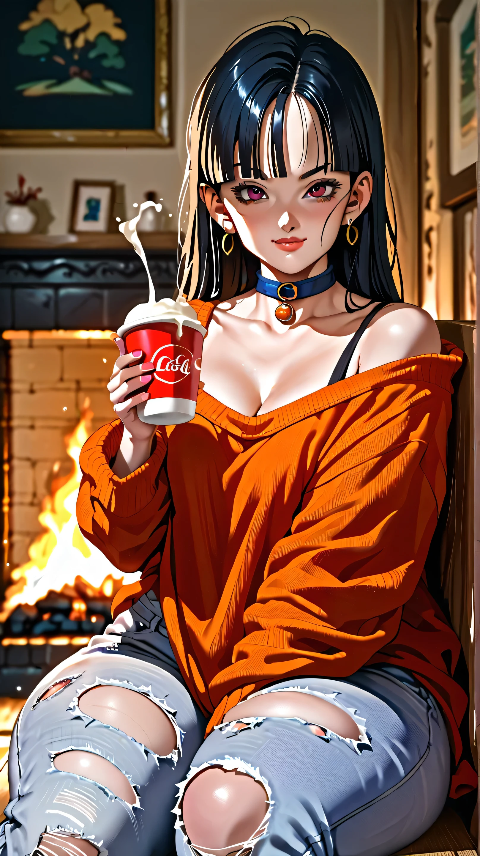 Masterpiece, pan from dragon ball gt (horny face expression), (wearing oversized sweater, ripped jeans, choker, collar), thick thighs, wide hips, alone, no wolves, comics, fantasy, sfw, onis, sitting, holding a cup, house fireplace background